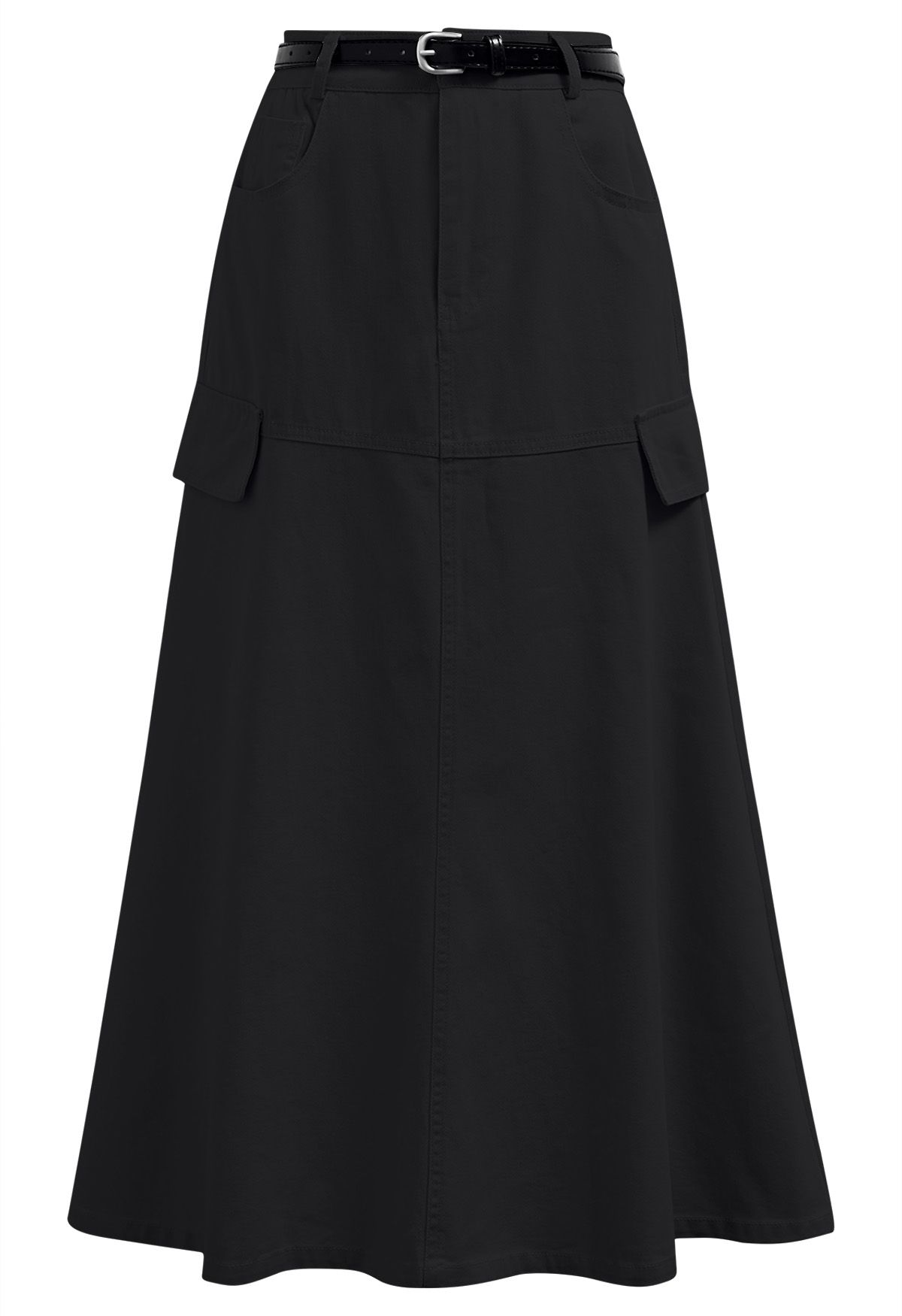 Pocket Trim Belted Denim Flare Skirt in Black