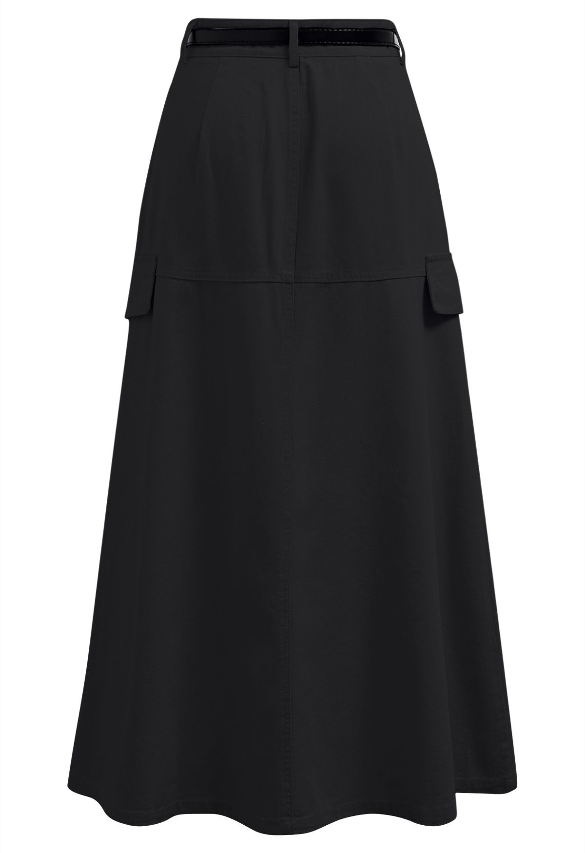 Pocket Trim Belted Denim Flare Skirt in Black