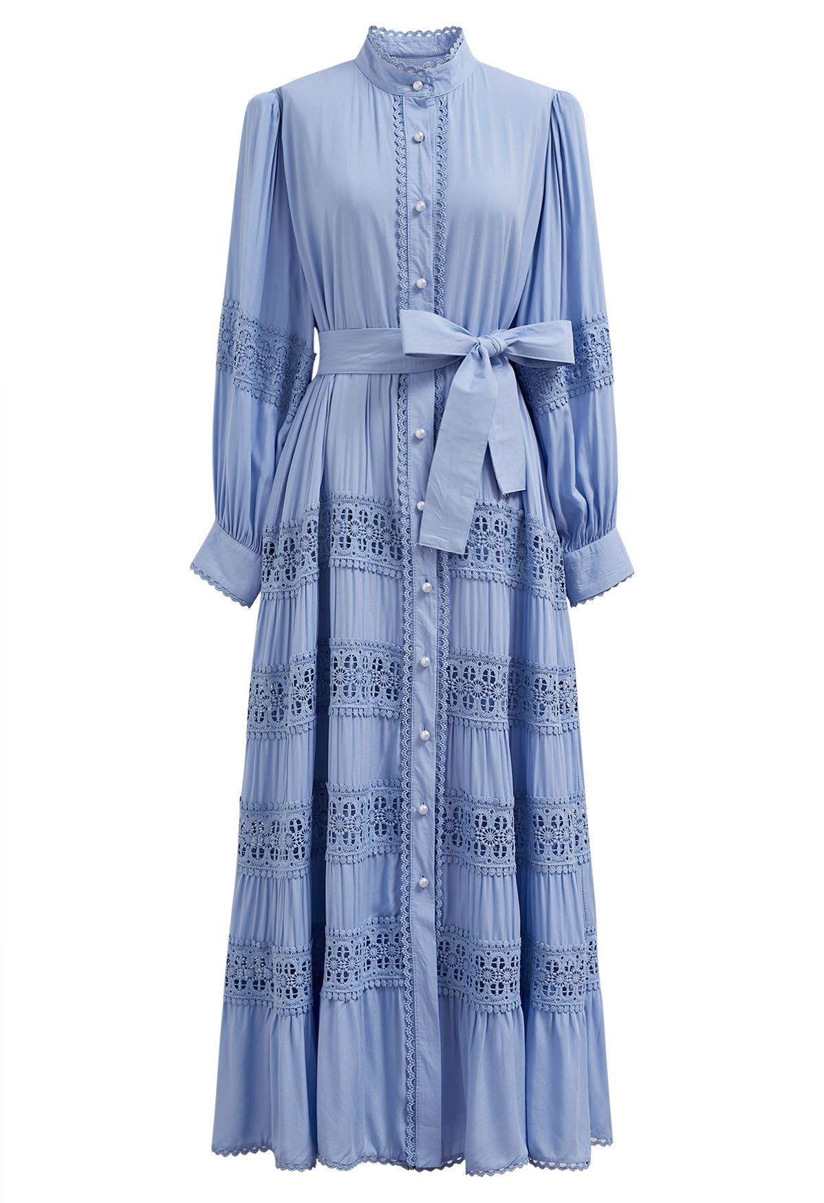 Crochet Panelled Tie-Waist Button Down Dress in Blue