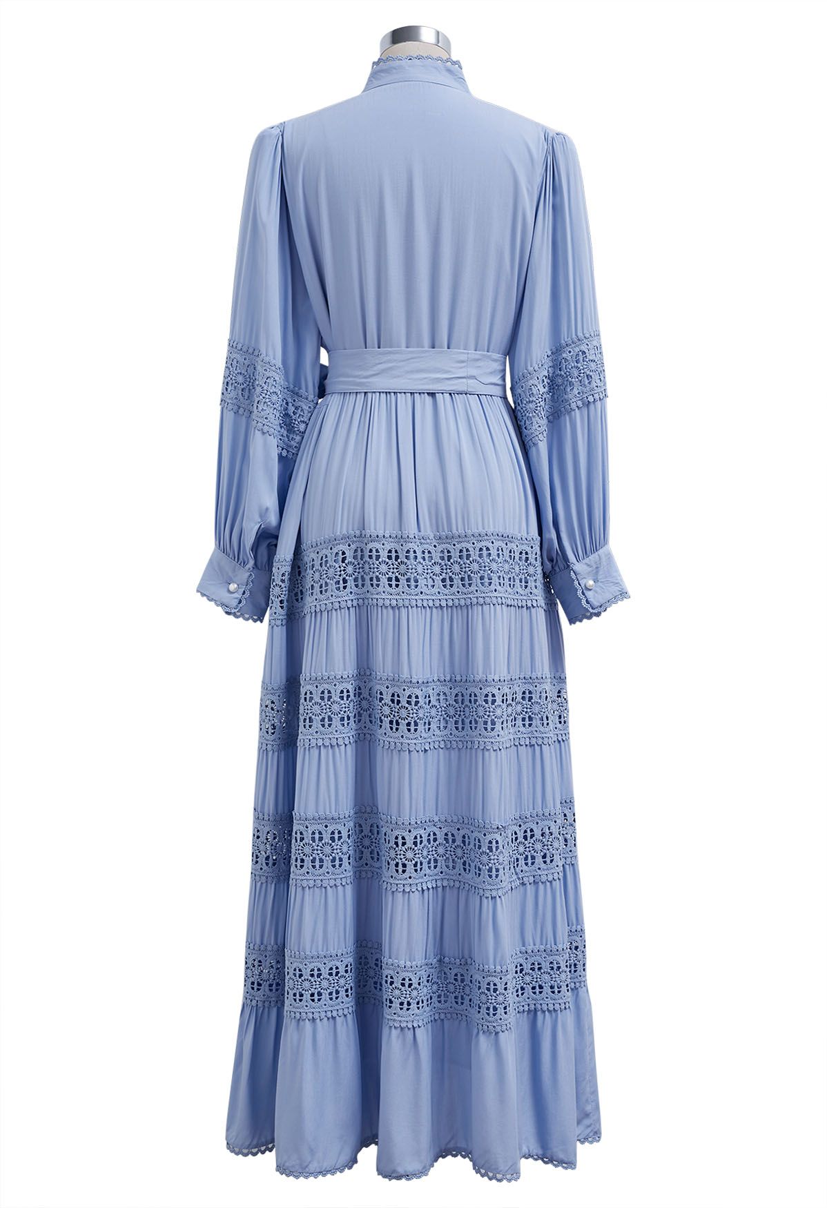 Crochet Panelled Tie-Waist Button Down Dress in Blue