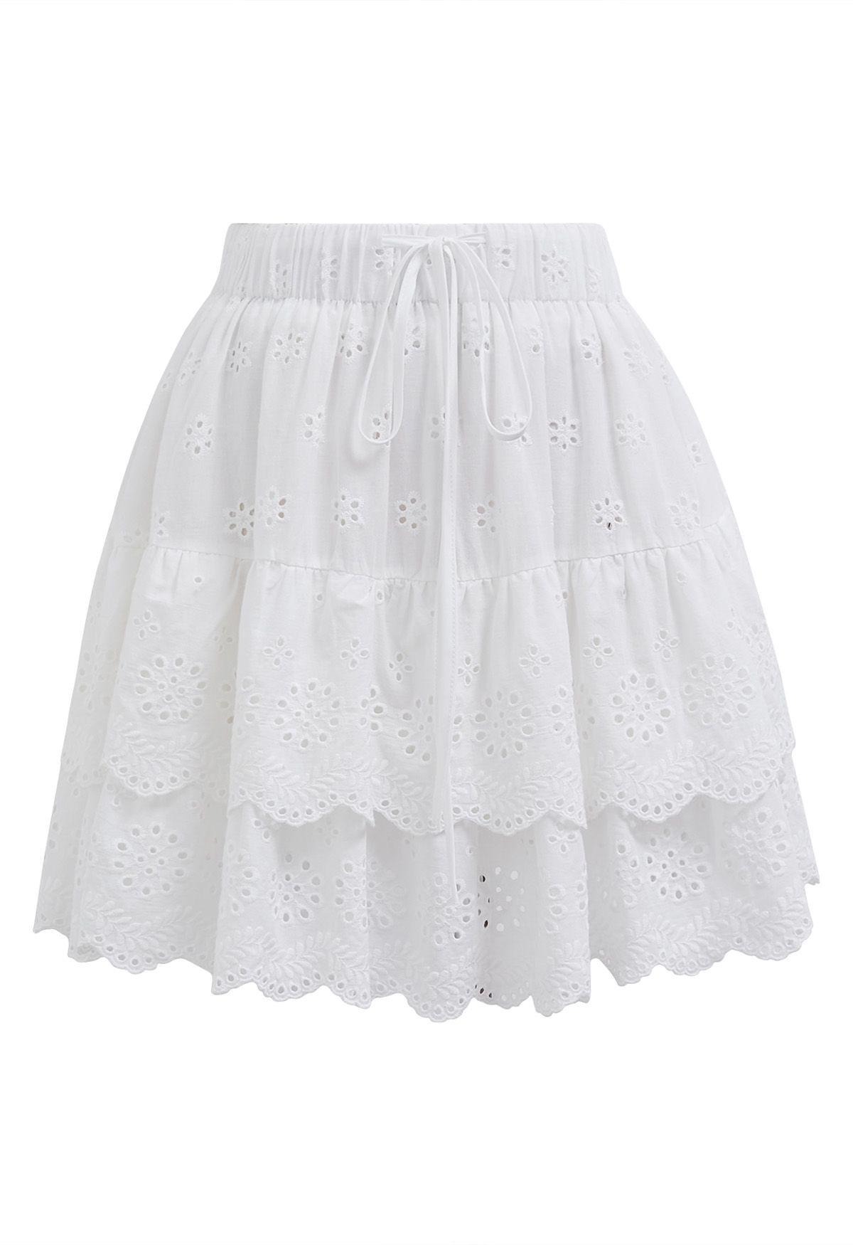 Eyelet Embroidery Tiered Mini Skirt in White