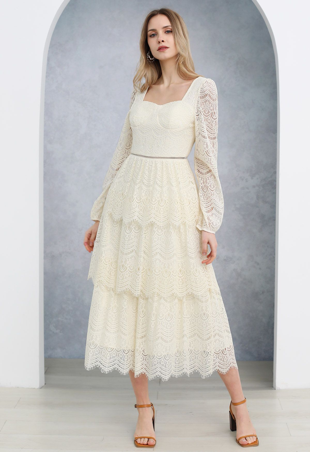 Delicate Cutwork Lace Tiered Midi Dress