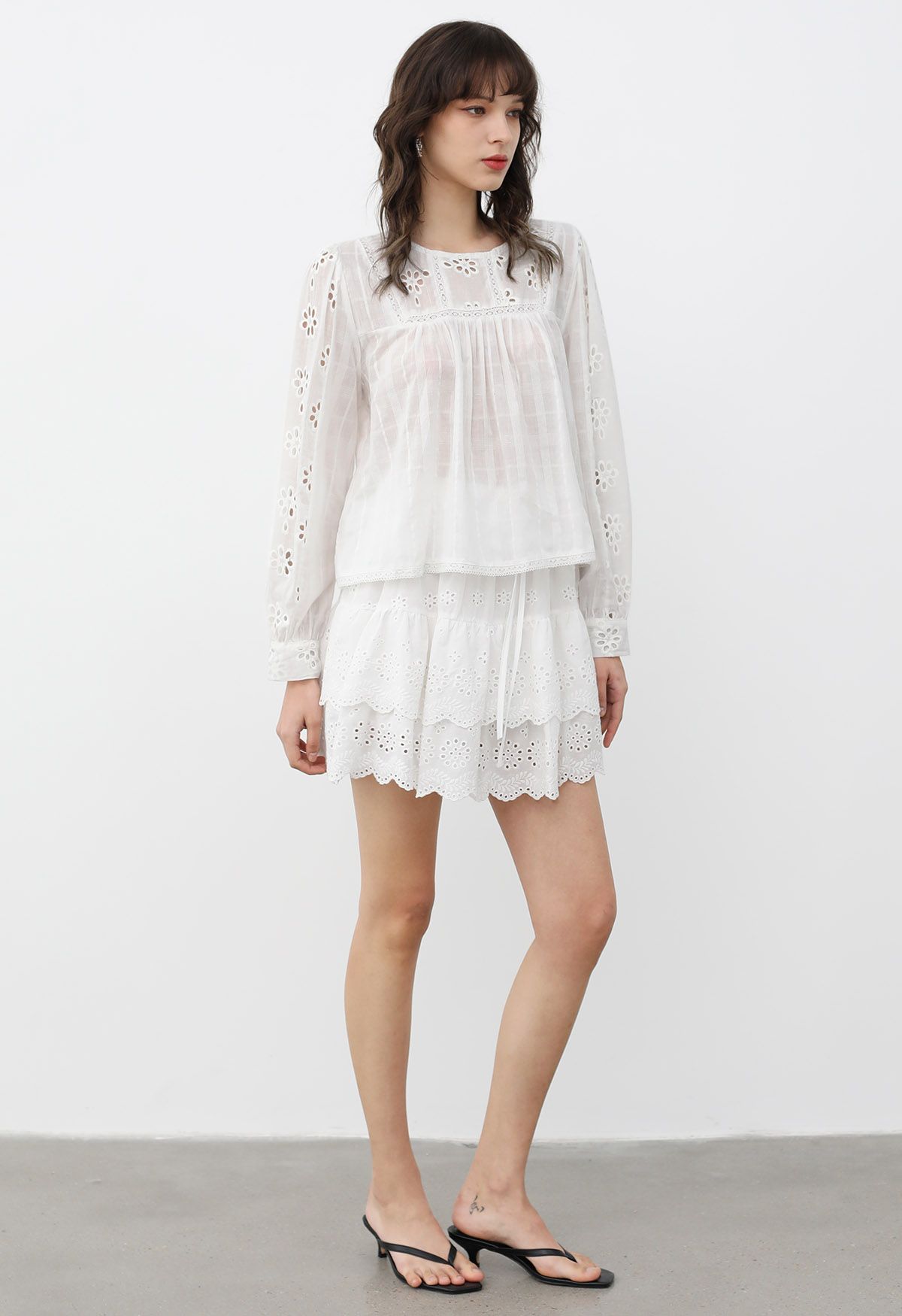 Eyelet Embroidery Tiered Mini Skirt in White