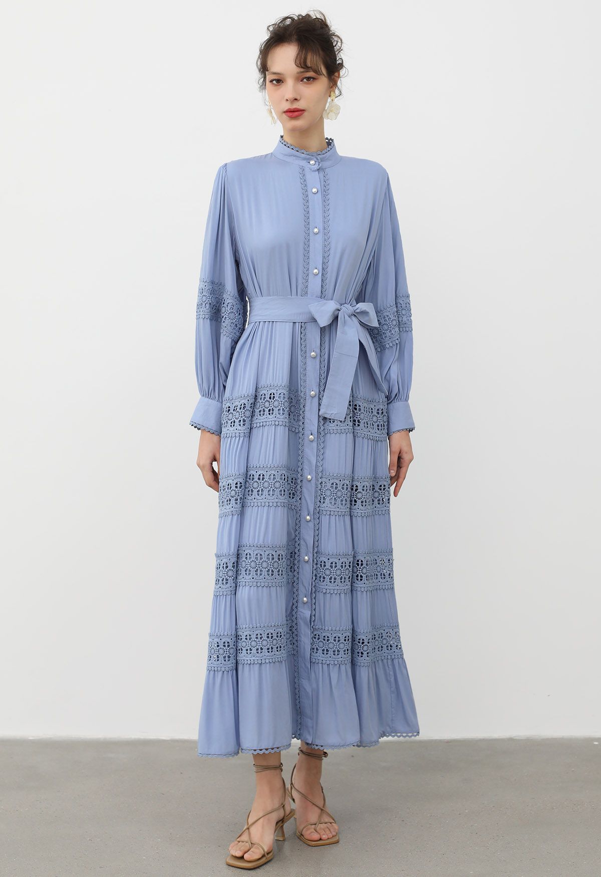 Crochet Panelled Tie-Waist Button Down Dress in Blue