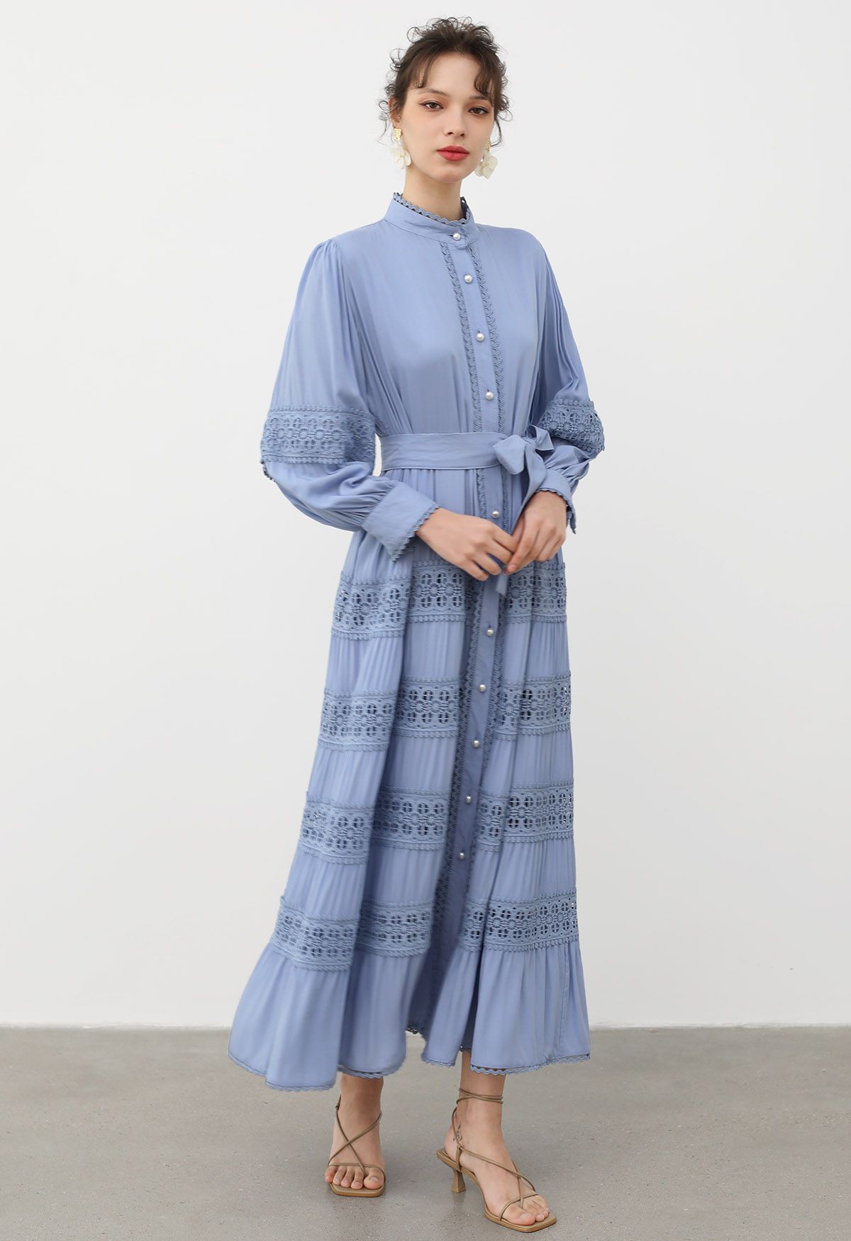 Crochet Panelled Tie-Waist Button Down Dress in Blue