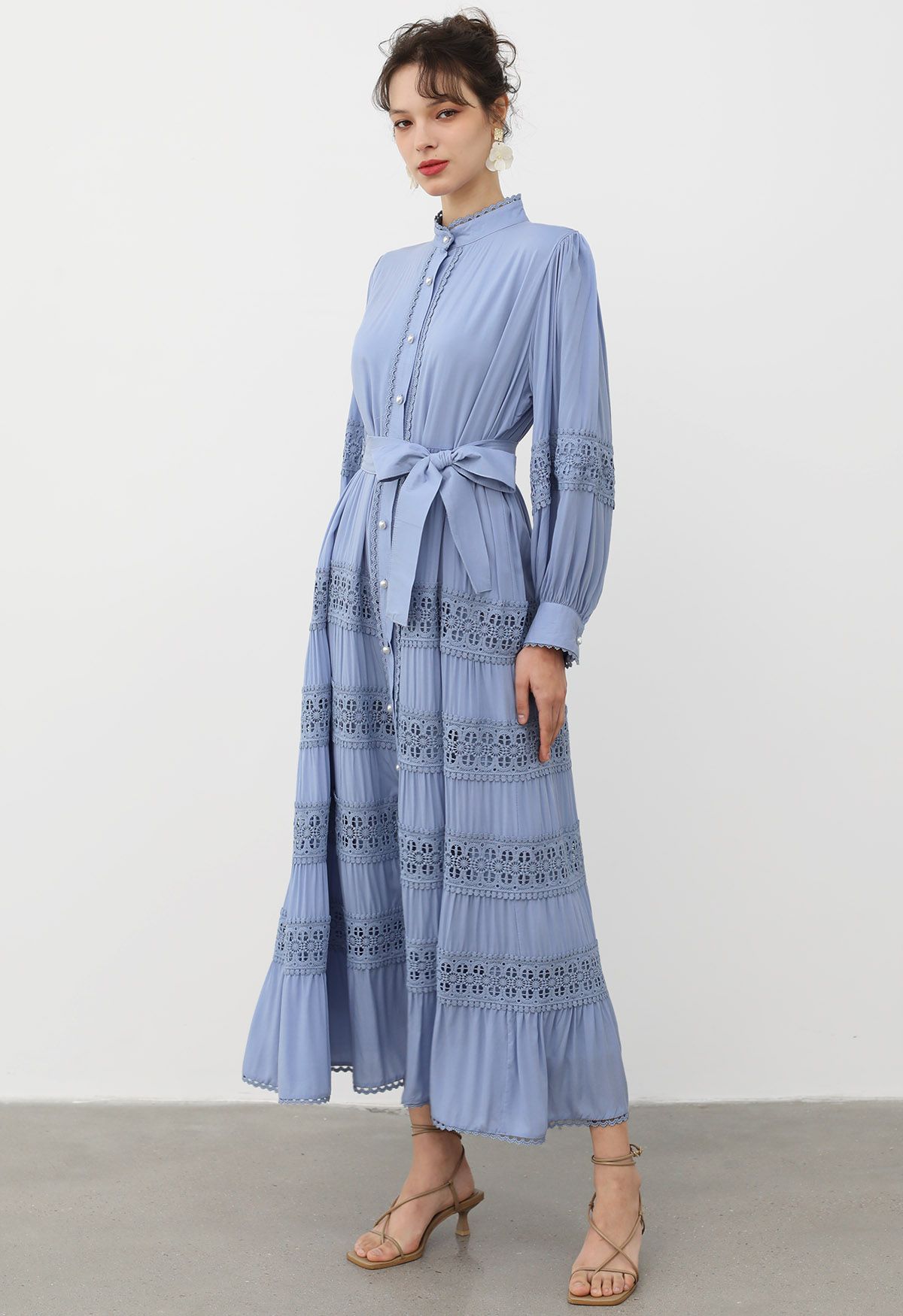 Crochet Panelled Tie-Waist Button Down Dress in Blue