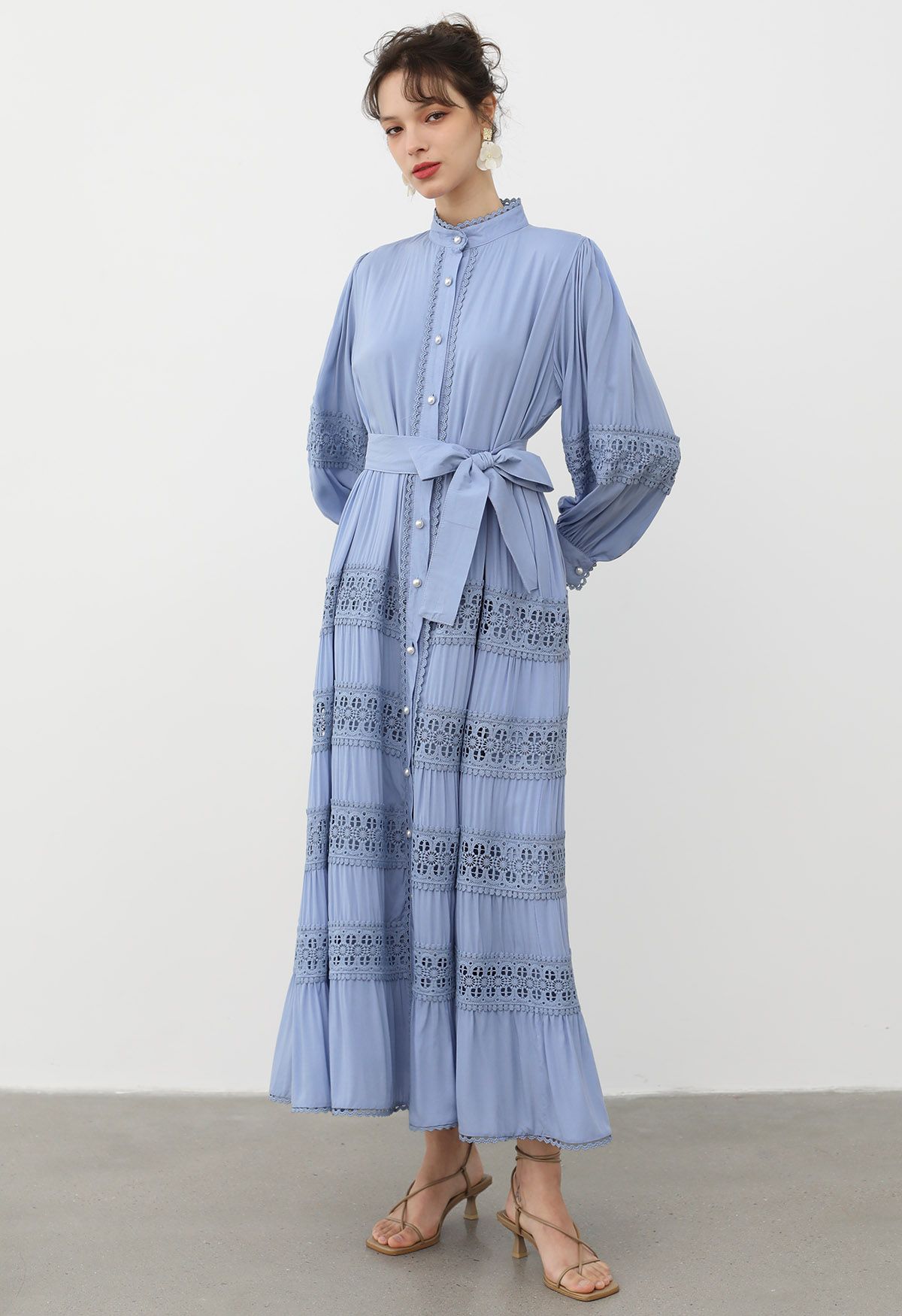 Crochet Panelled Tie-Waist Button Down Dress in Blue