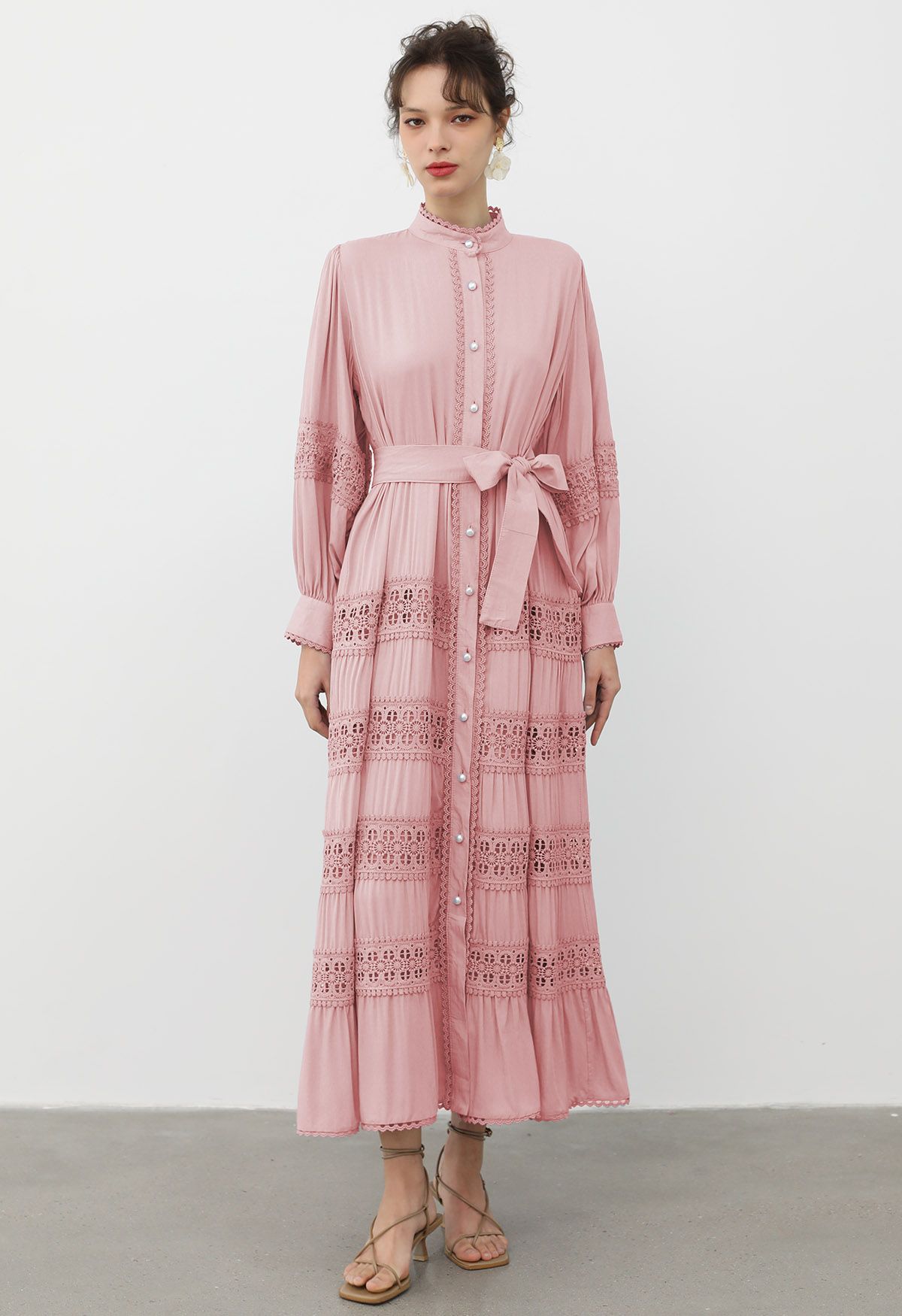 Crochet Panelled Tie-Waist Button Down Dress in Pink