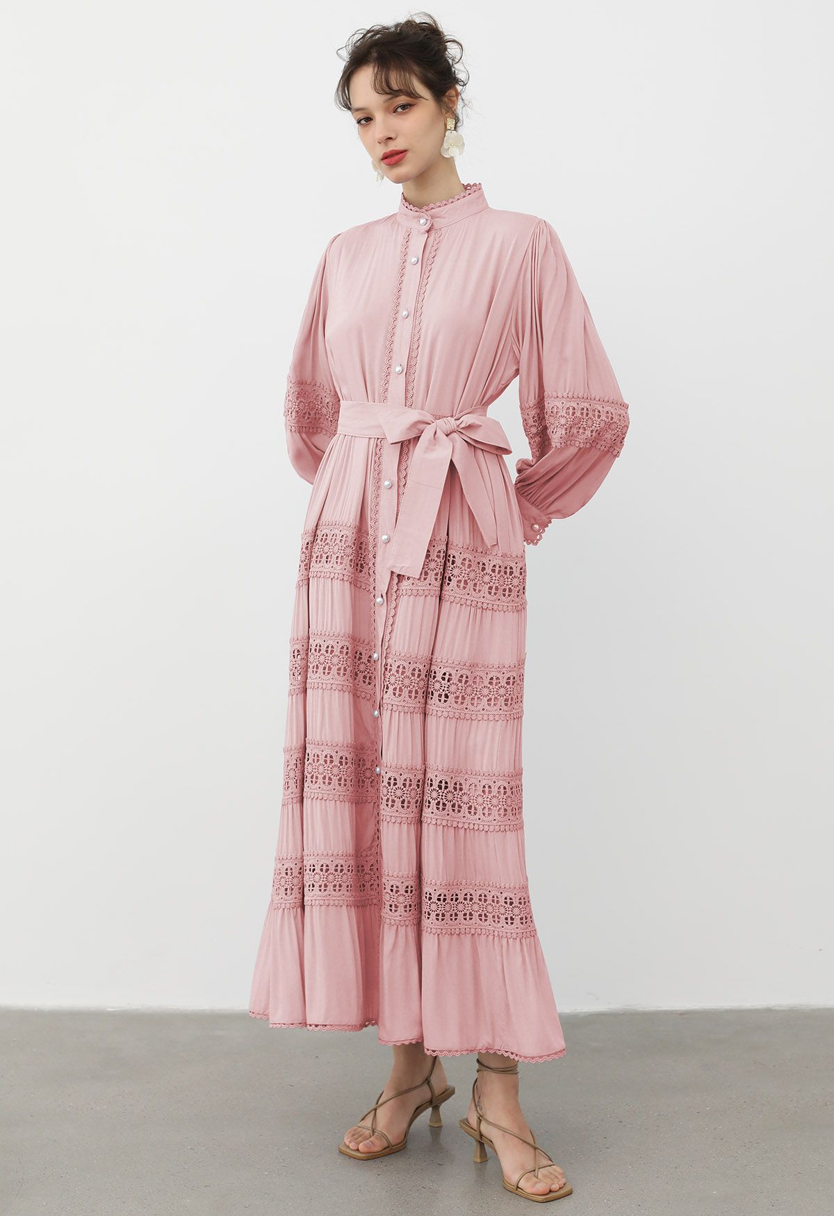 Crochet Panelled Tie-Waist Button Down Dress in Pink