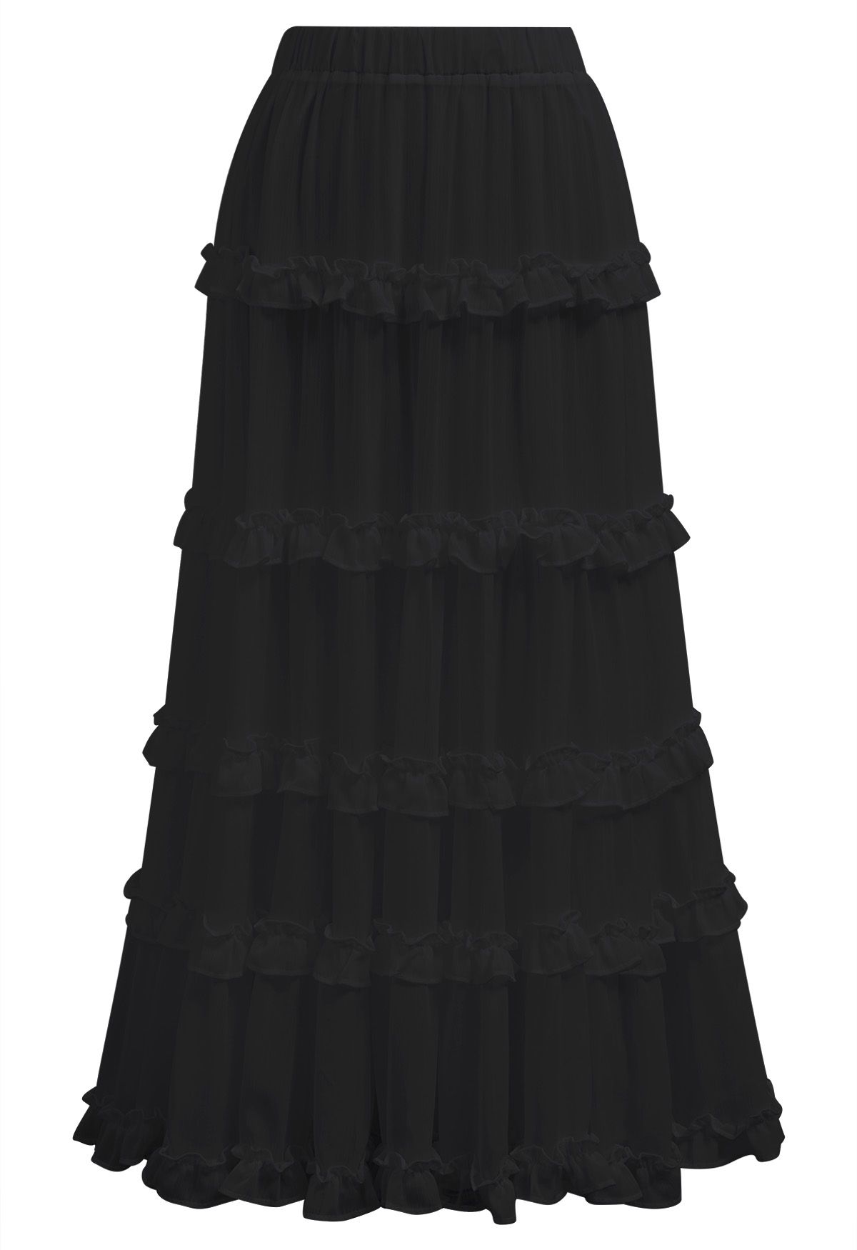 Adorable Ruffle Trim Flare Maxi Skirt in Black