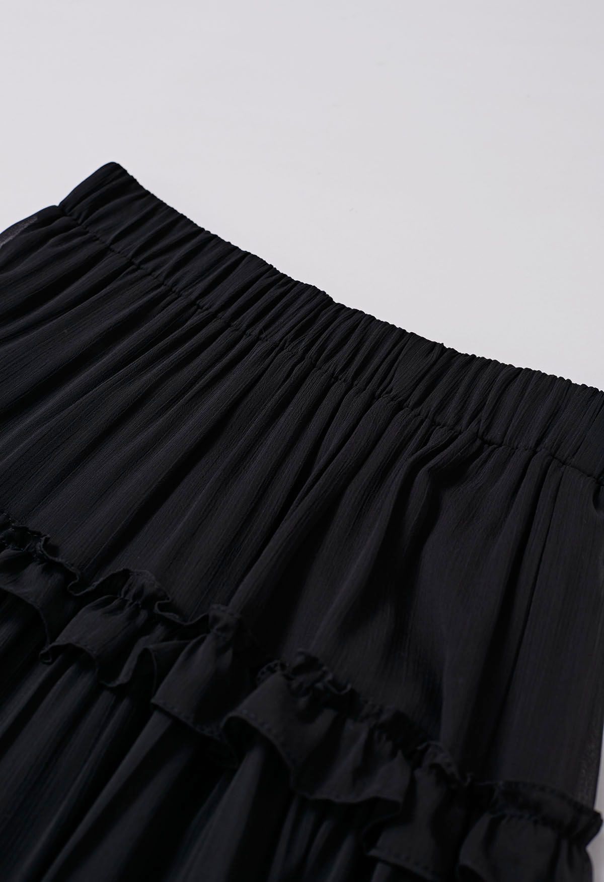 Adorable Ruffle Trim Flare Maxi Skirt in Black