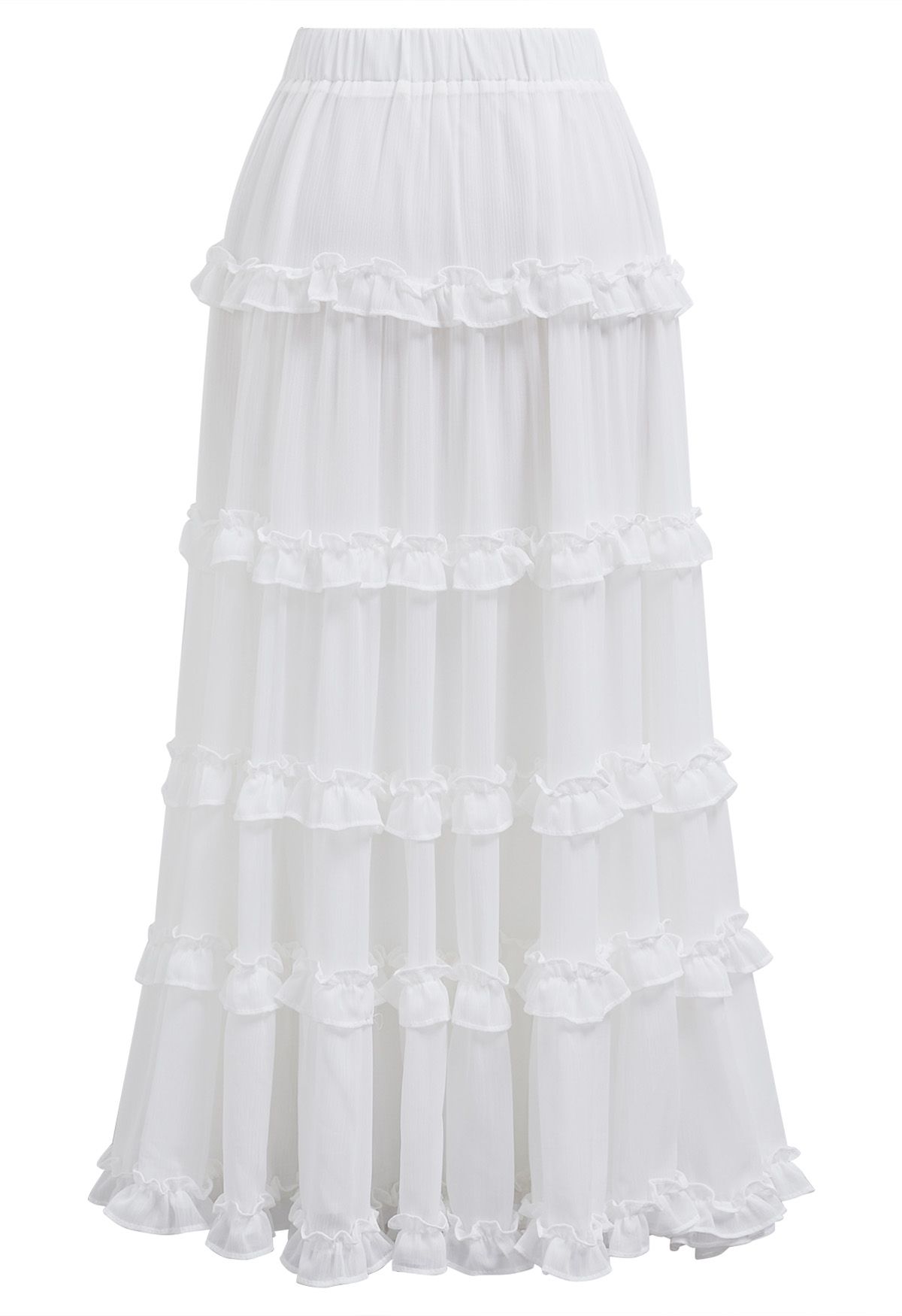 Adorable Ruffle Trim Flare Maxi Skirt in White