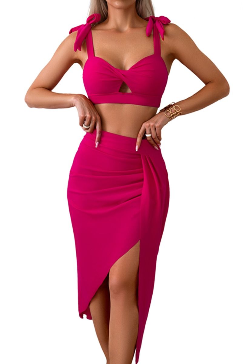 Tie-Shoulder Twist Cutout Bikini Set in Hot Pink