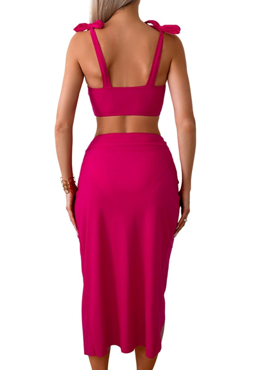 Tie-Shoulder Twist Cutout Bikini Set in Hot Pink