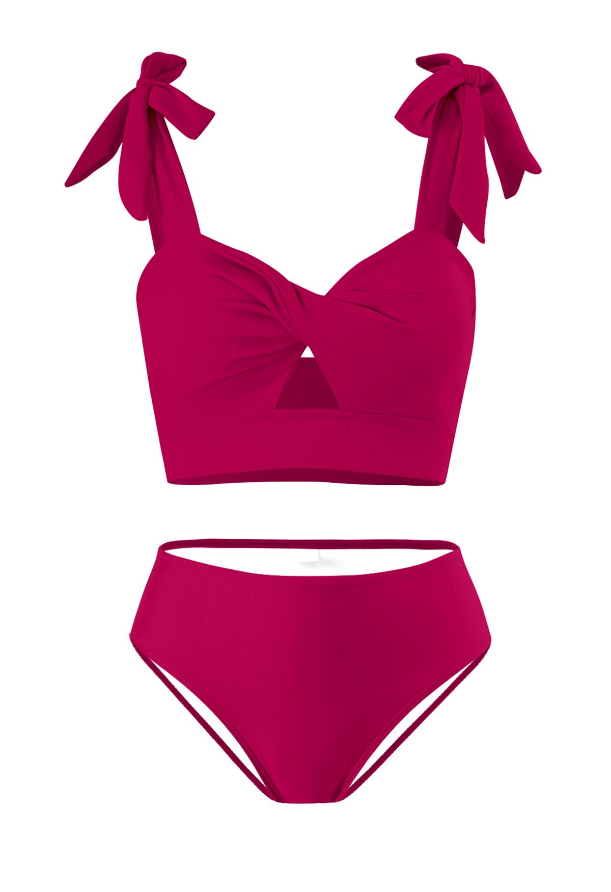 Tie-Shoulder Twist Cutout Bikini Set in Hot Pink