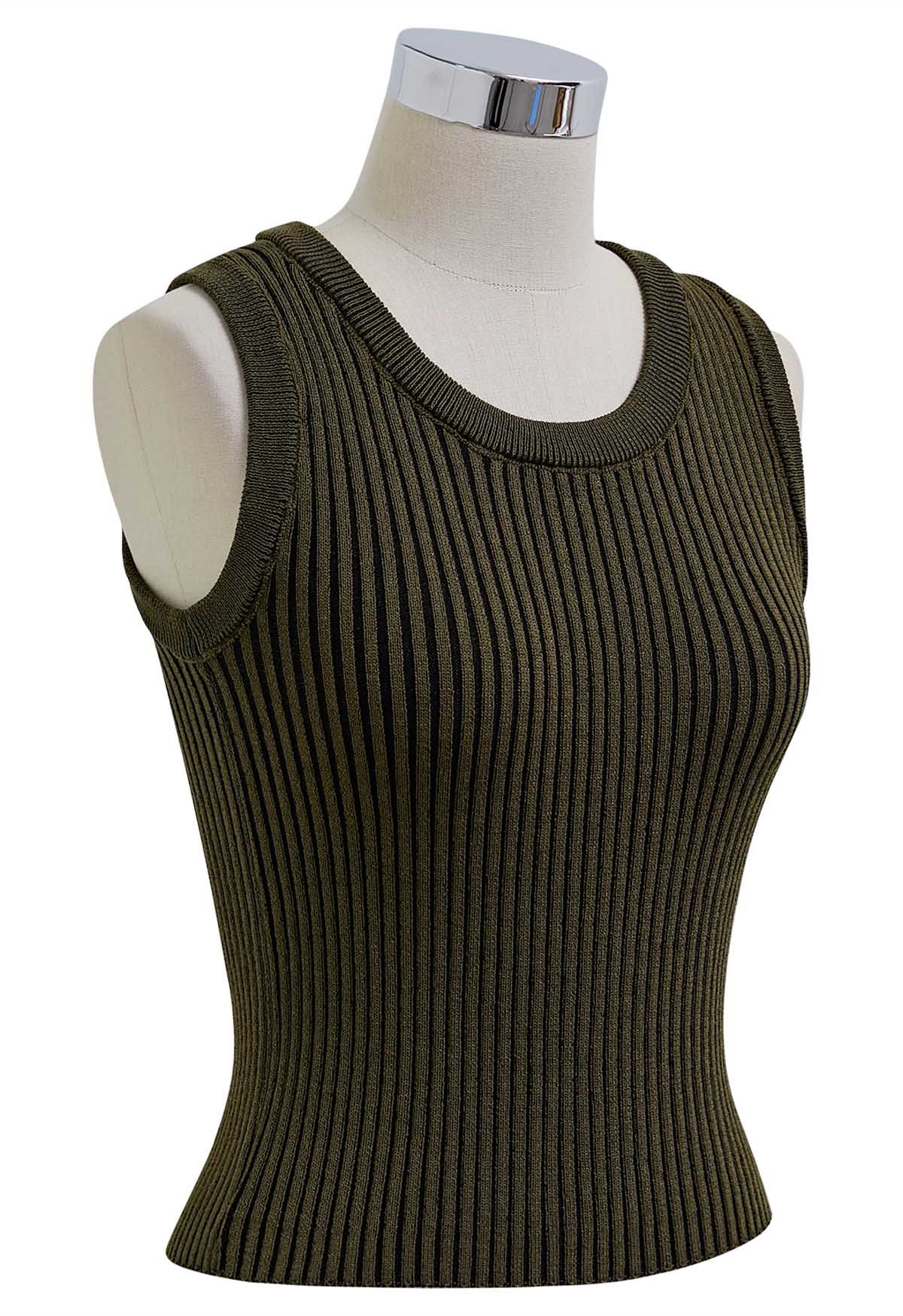 Stripe Texture Knit Tank Top in Army Green