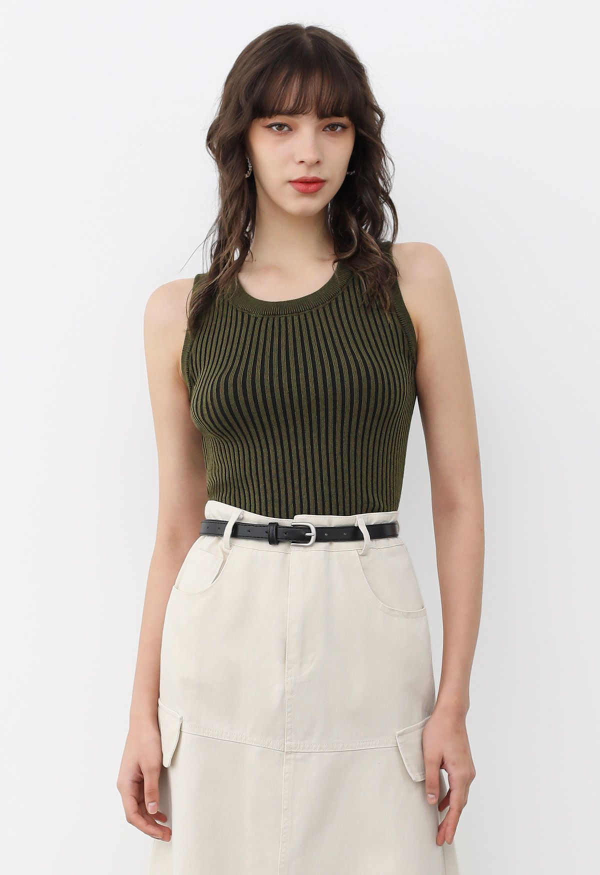 Stripe Texture Knit Tank Top in Army Green