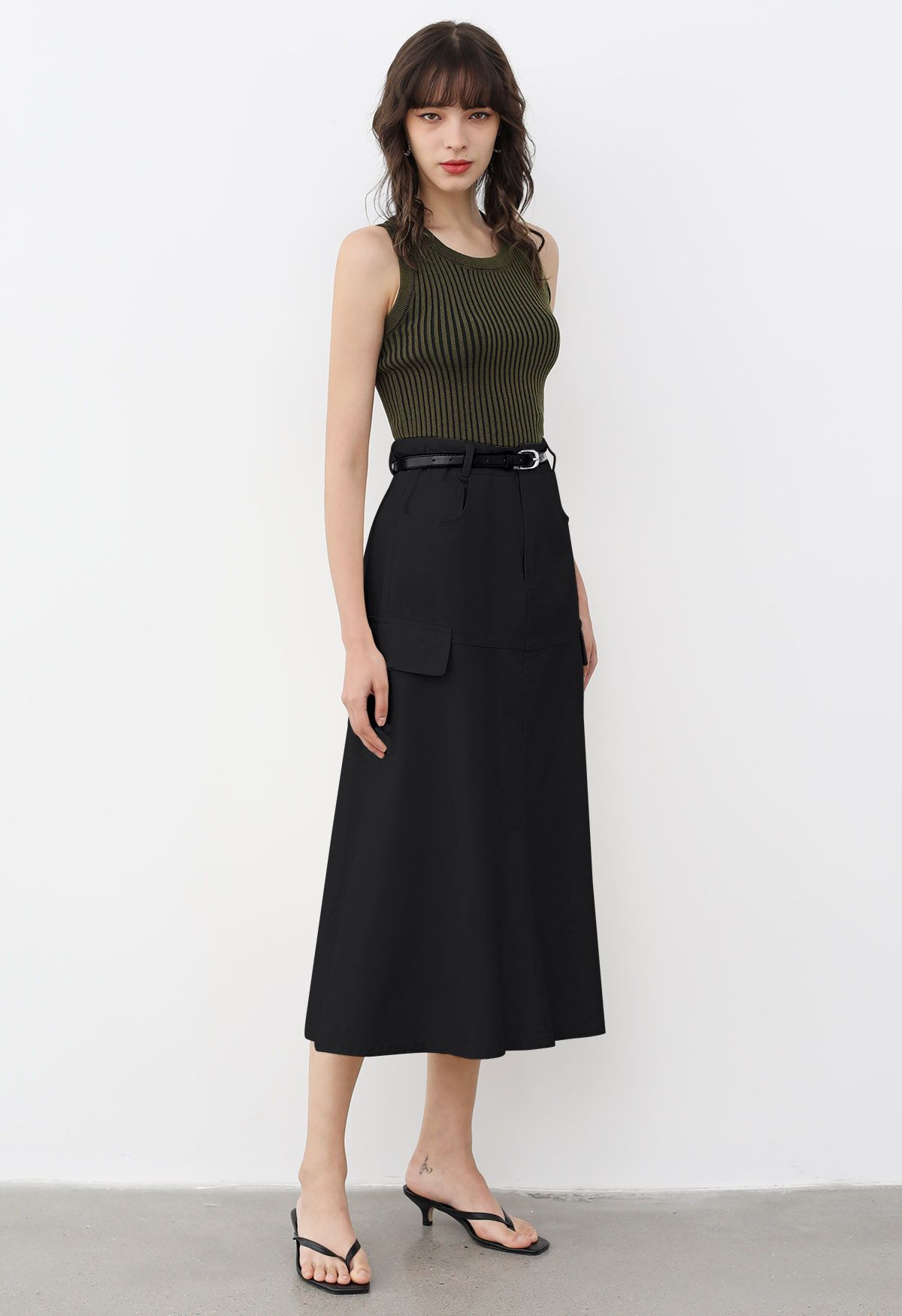 Pocket Trim Belted Denim Flare Skirt in Black