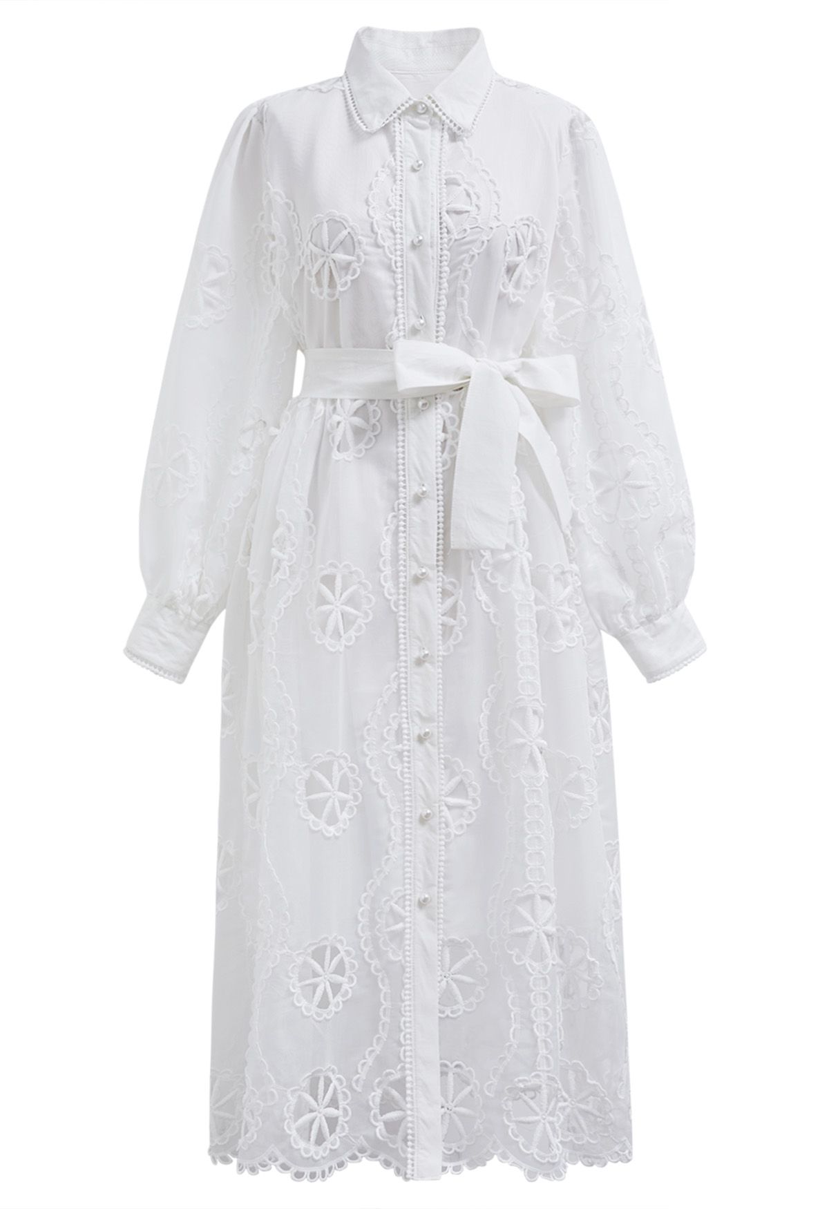 Cutwork Crochet Button Down Midi Dress in White