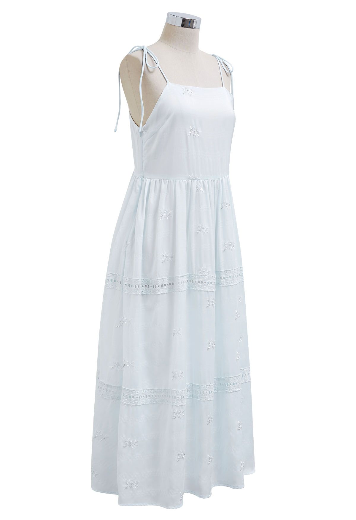 Sequined Embroidery Tie-Shoulder Cami Dress in Baby Blue