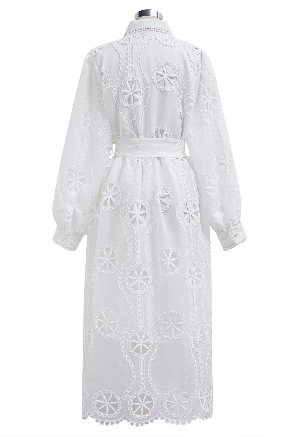 Cutwork Crochet Button Down Midi Dress in White