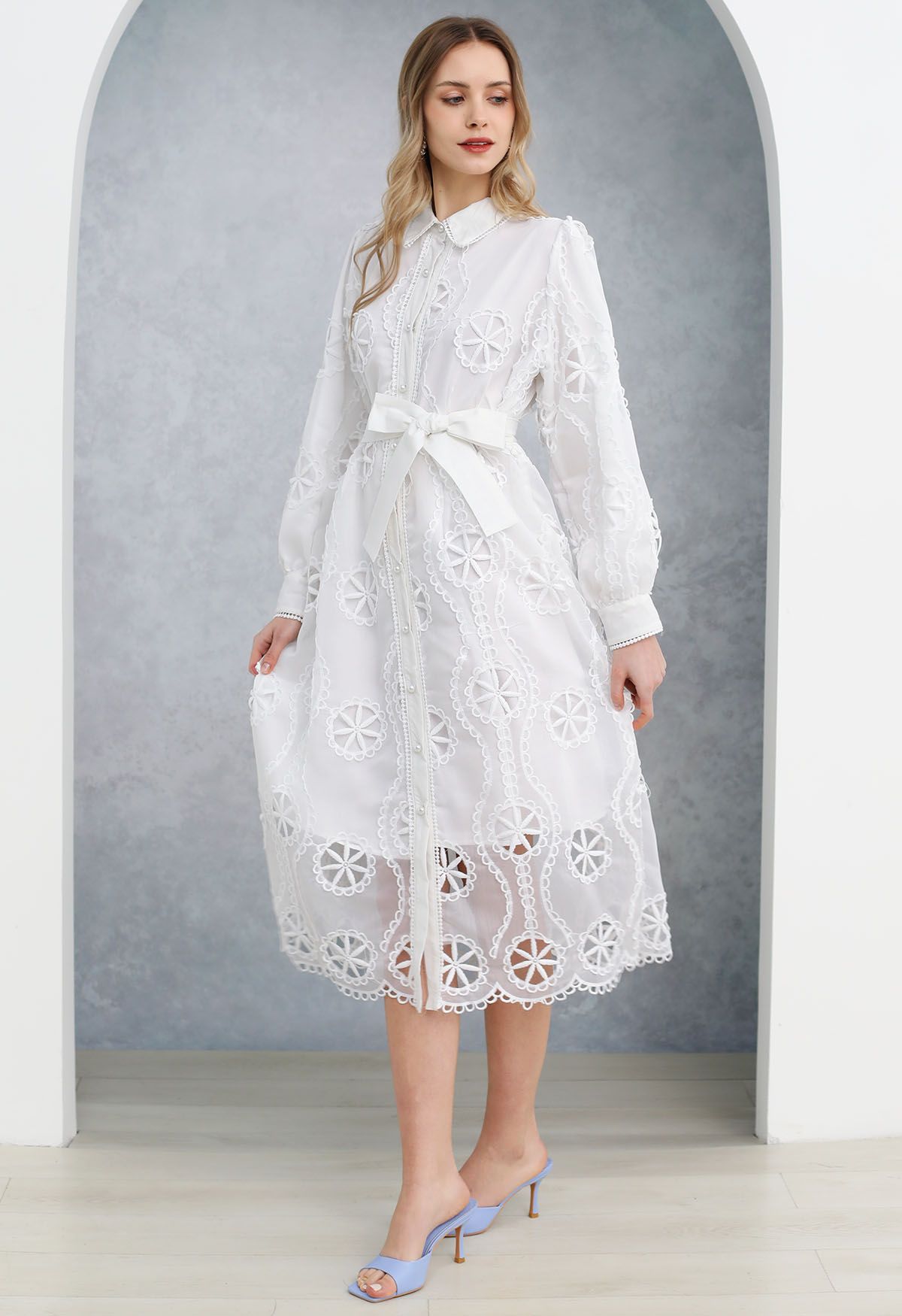 Cutwork Crochet Button Down Midi Dress in White