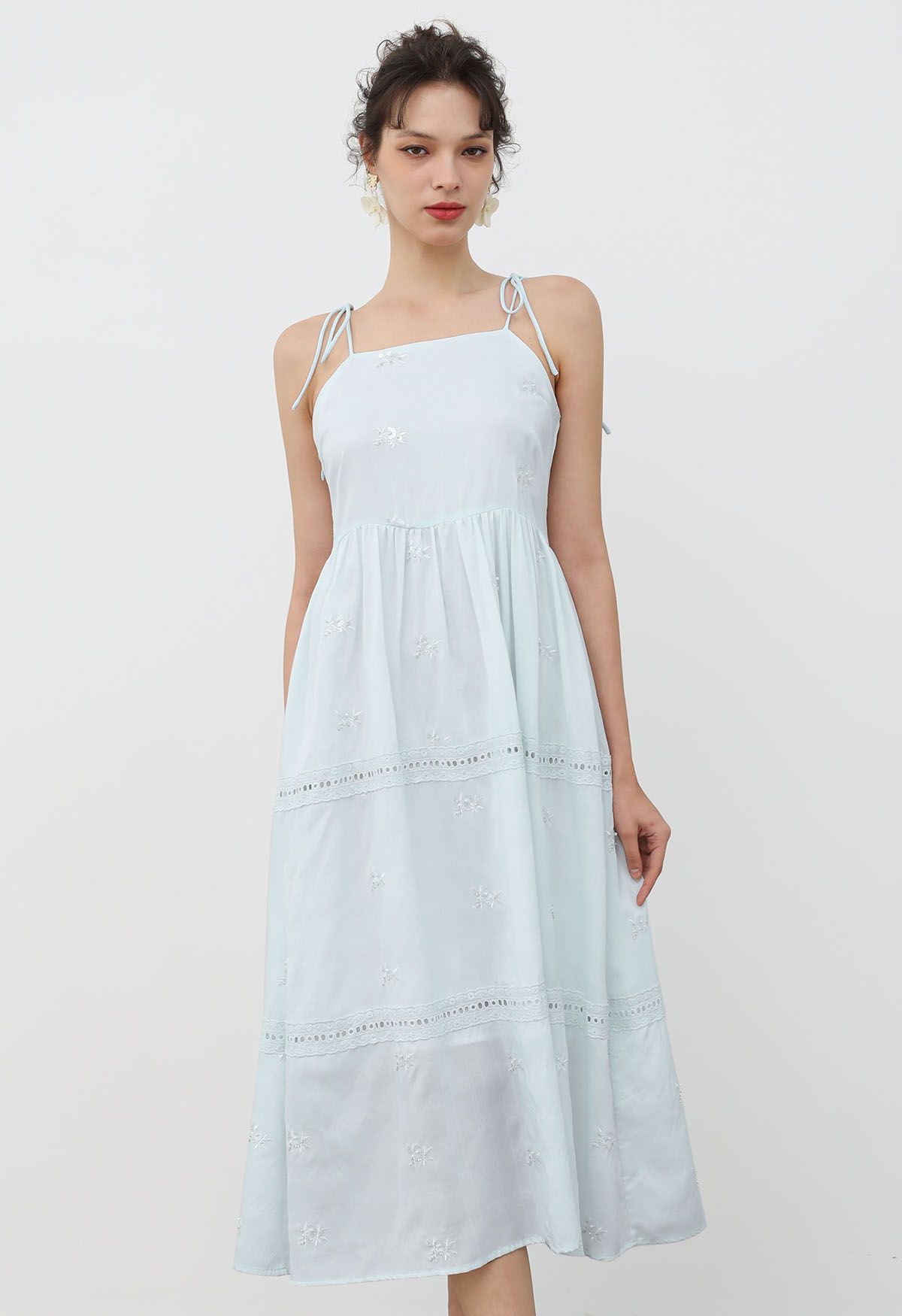 Sequined Embroidery Tie-Shoulder Cami Dress in Baby Blue