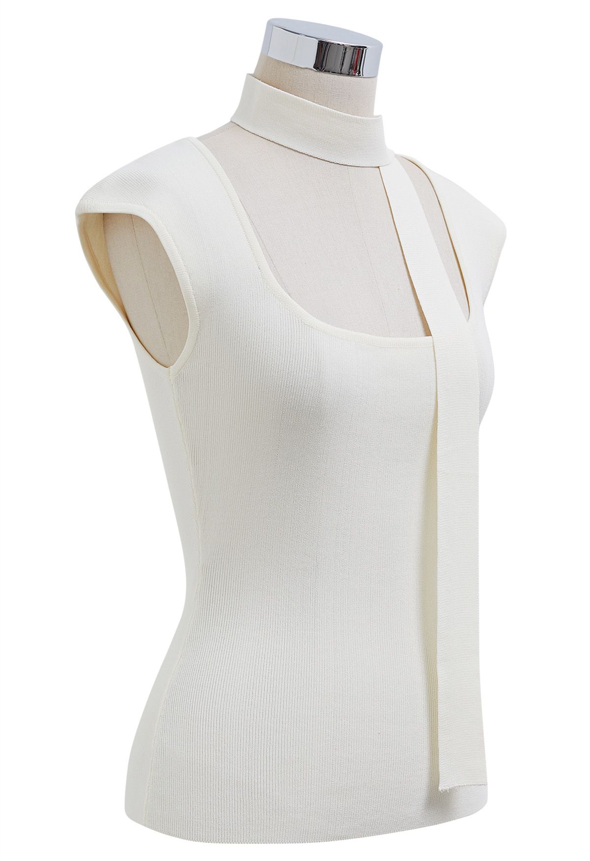 Square Neck Sleeveless Knit Top with Sash in White