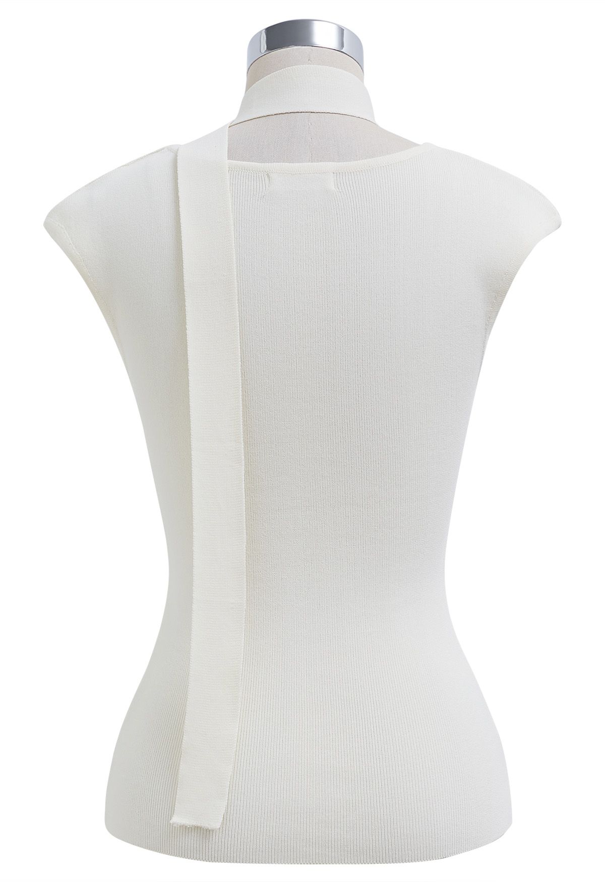 Square Neck Sleeveless Knit Top with Sash in White