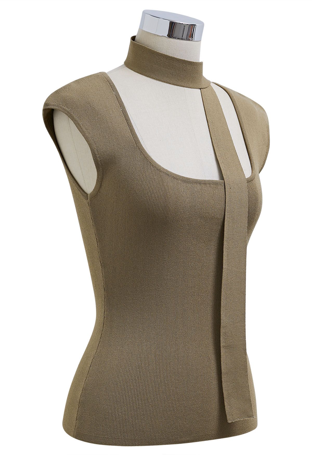 Square Neck Sleeveless Knit Top with Sash in Olive