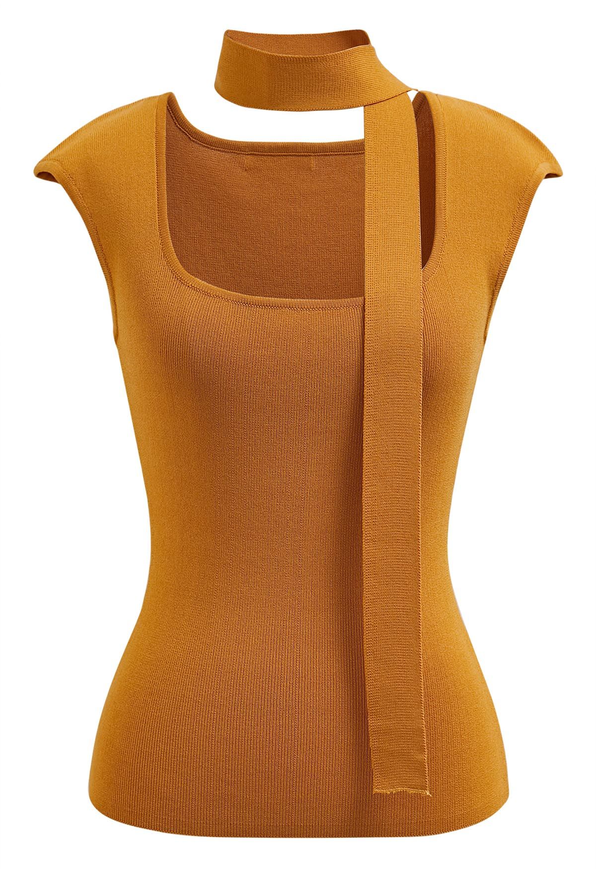 Square Neck Sleeveless Knit Top with Sash in Pumpkin