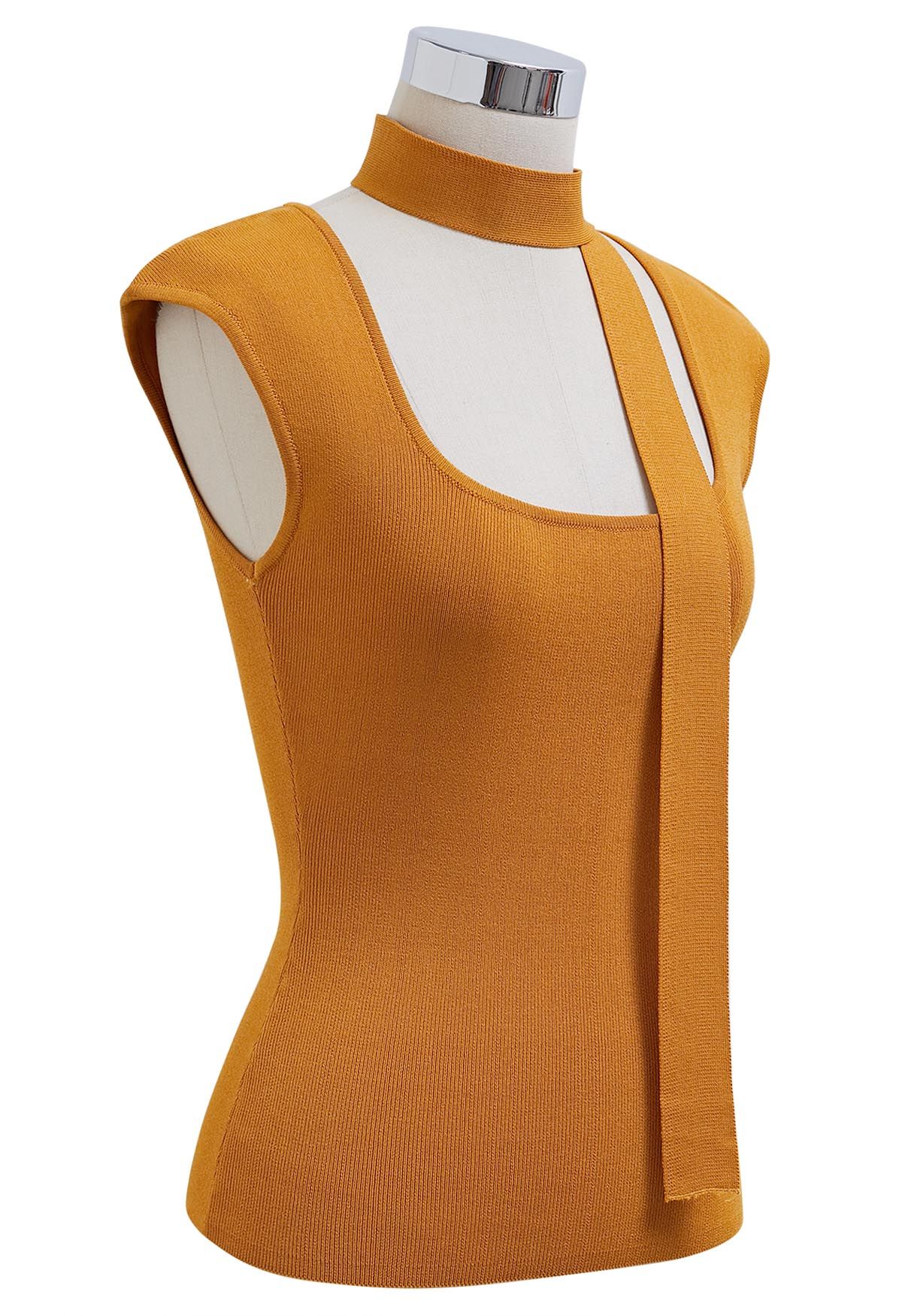 Square Neck Sleeveless Knit Top with Sash in Pumpkin