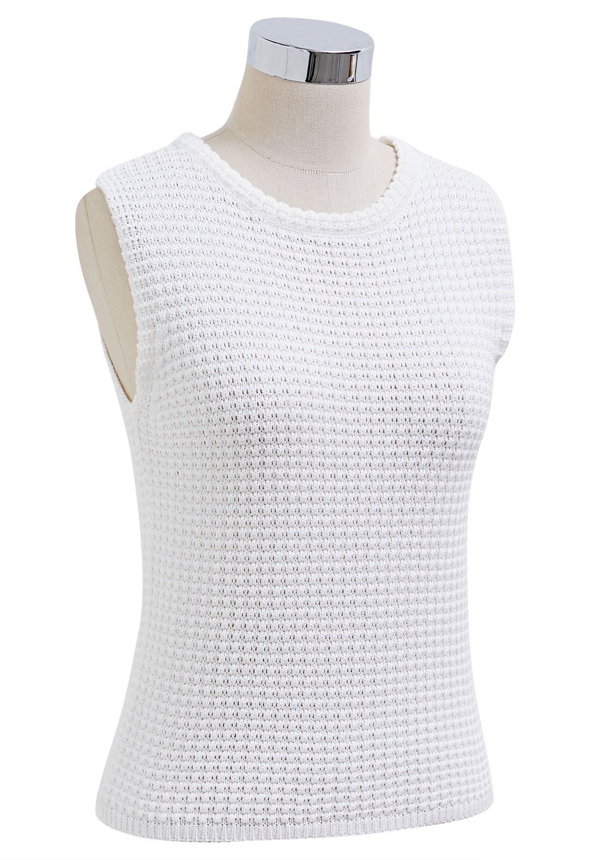 Solid Color Openwork Knit Sleeveless Top in White