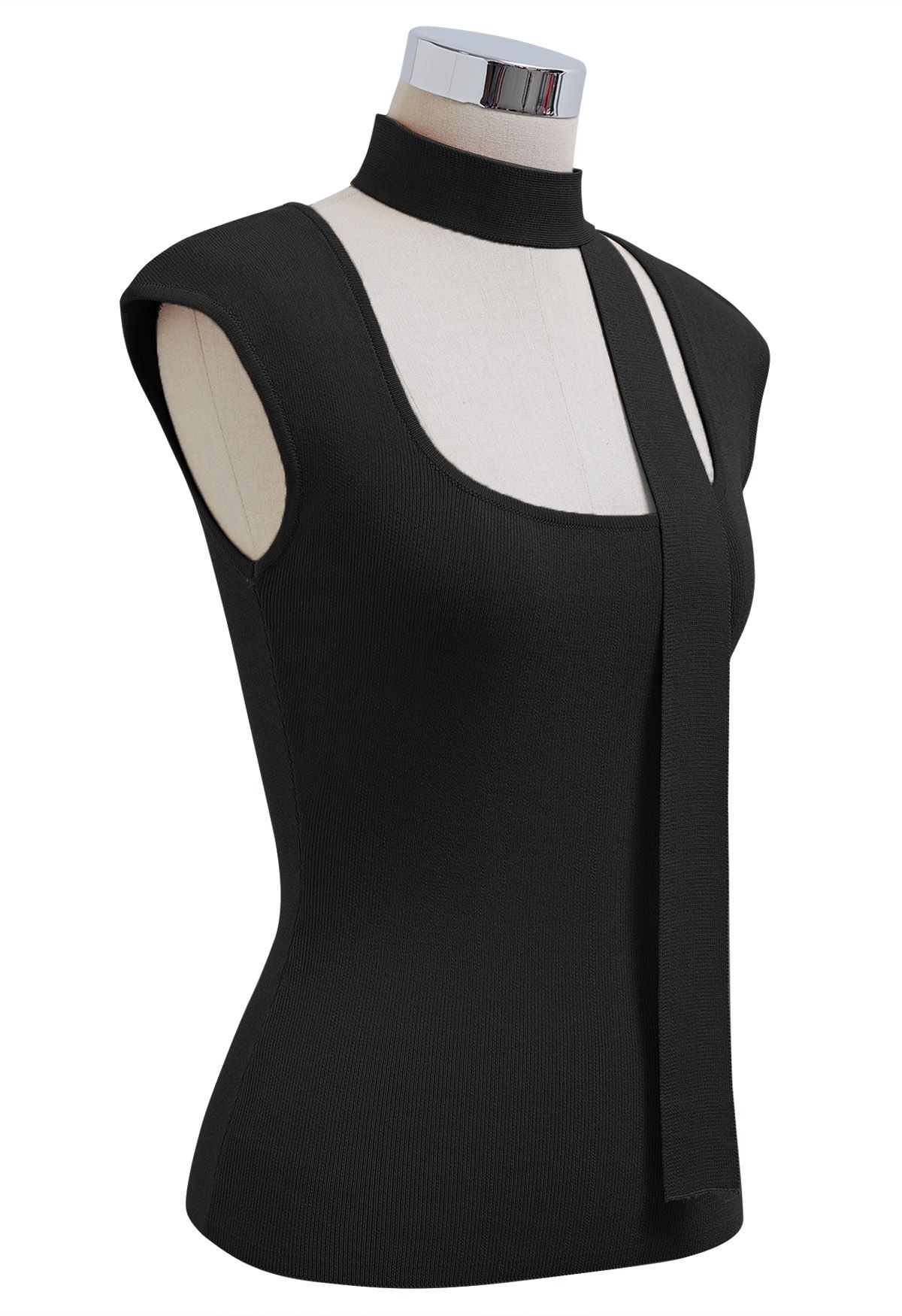 Square Neck Sleeveless Knit Top with Sash in Black