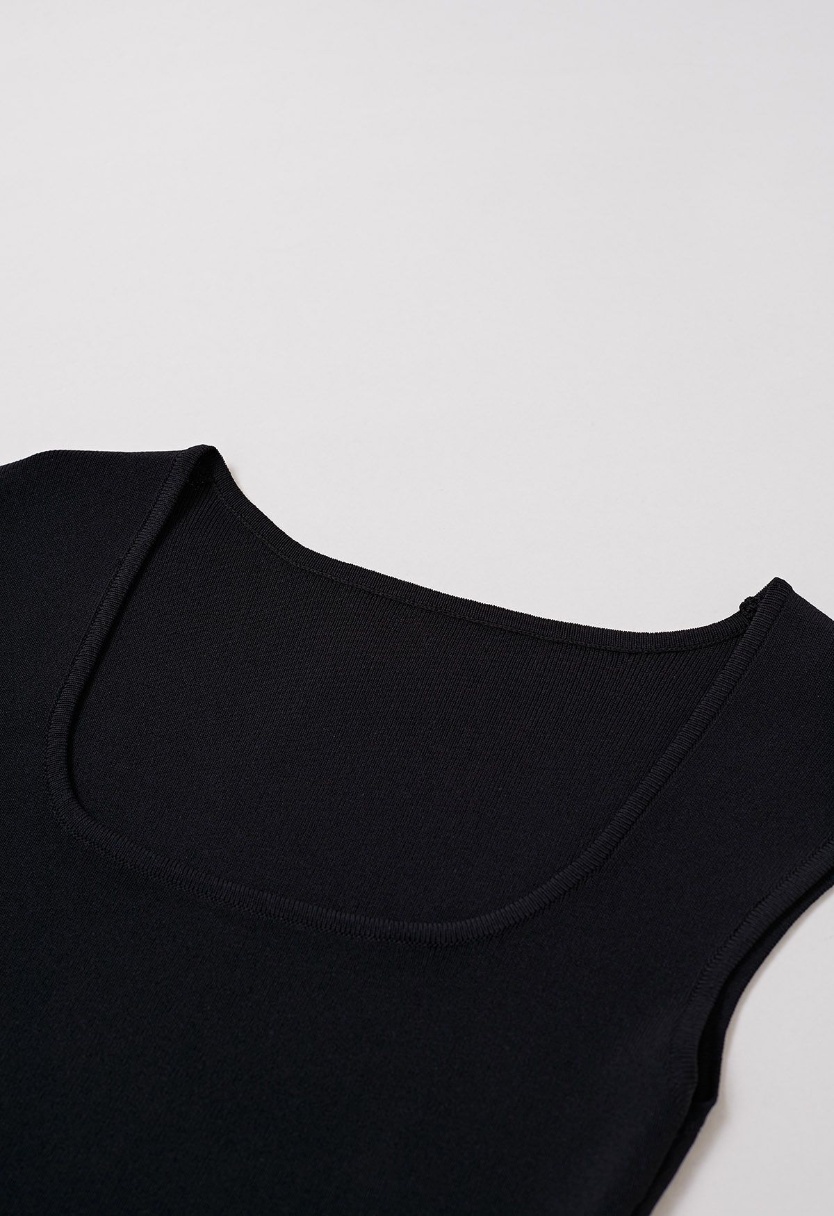 Square Neck Sleeveless Knit Top with Sash in Black