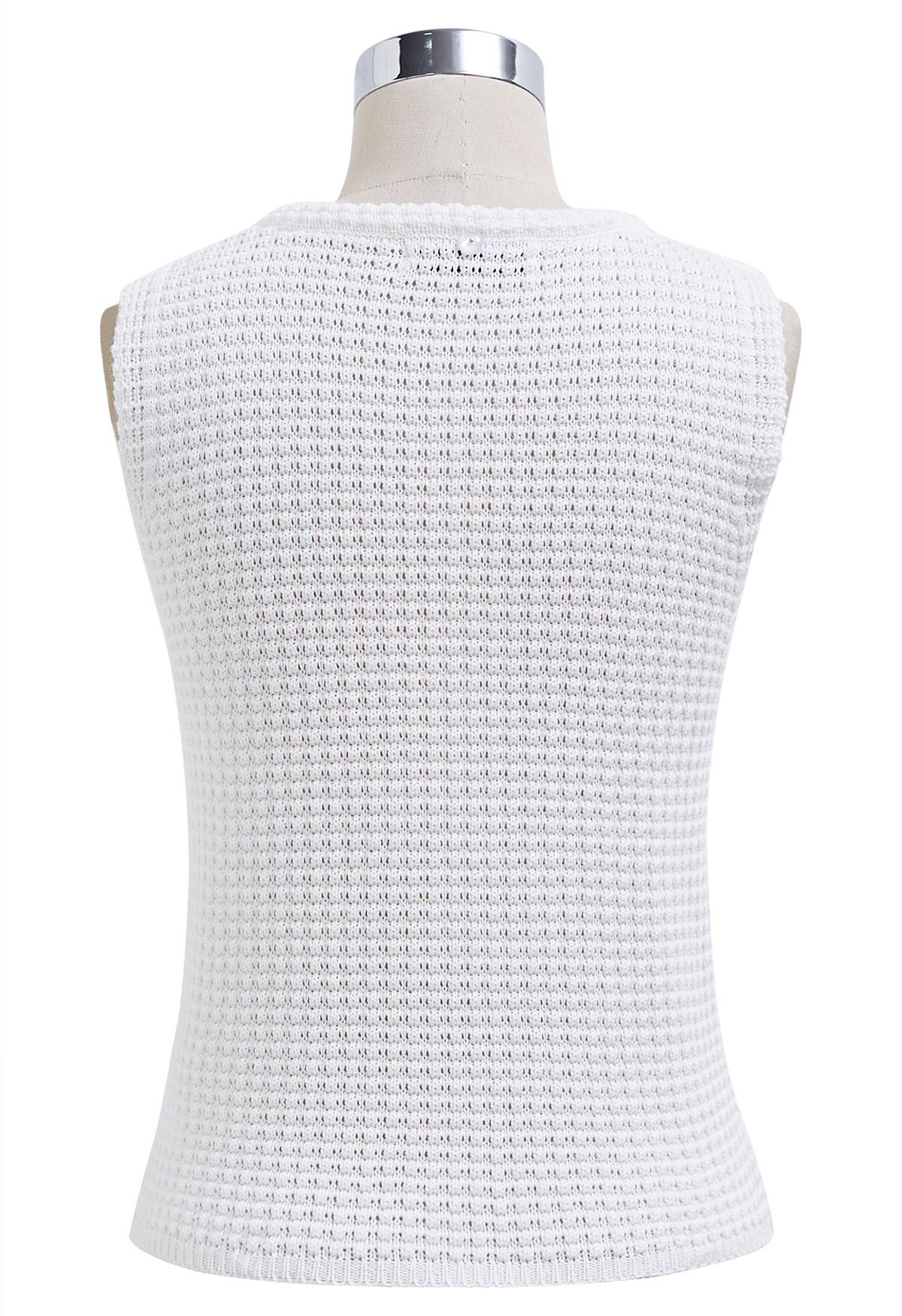 Solid Color Openwork Knit Sleeveless Top in White