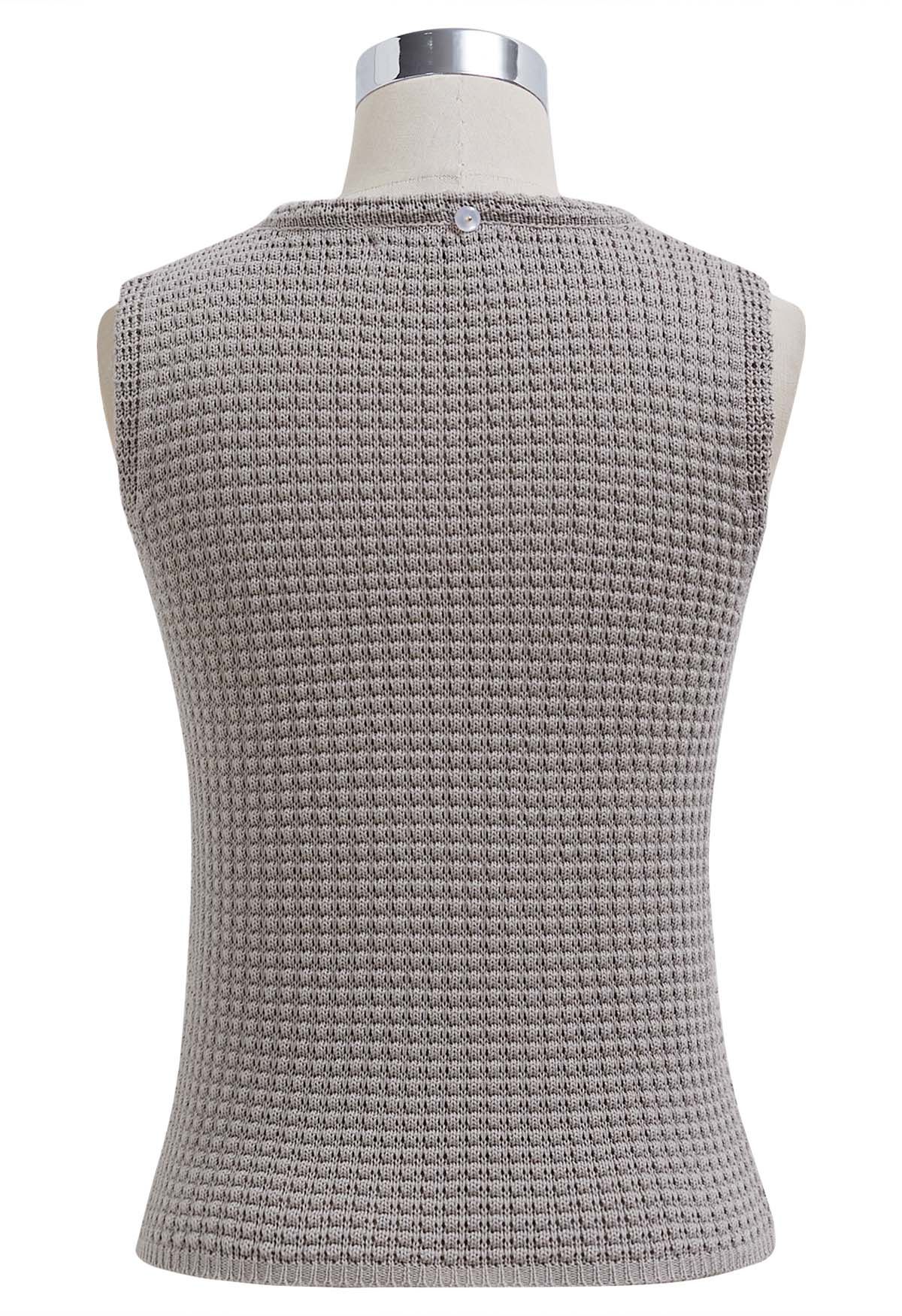 Solid Color Openwork Knit Sleeveless Top in Taupe