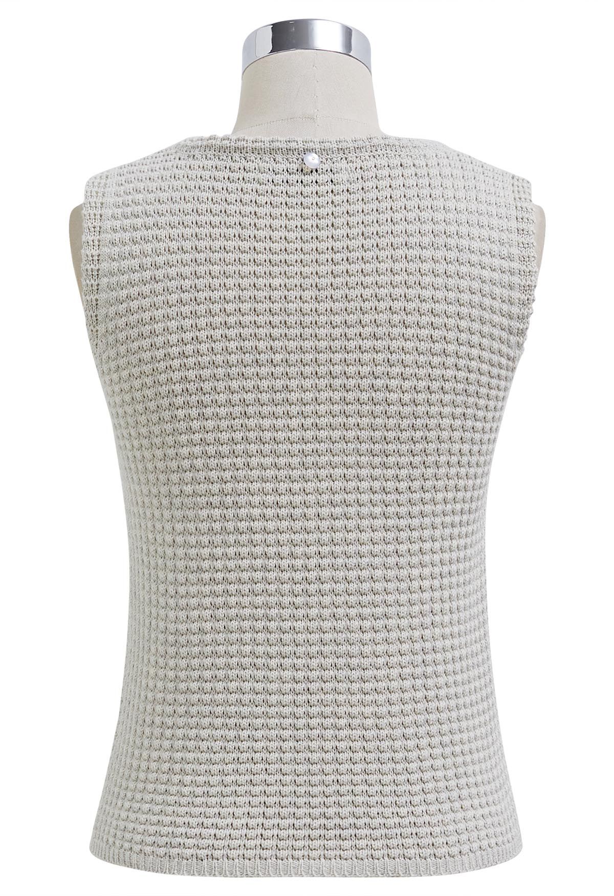 Solid Color Openwork Knit Sleeveless Top in Oatmeal