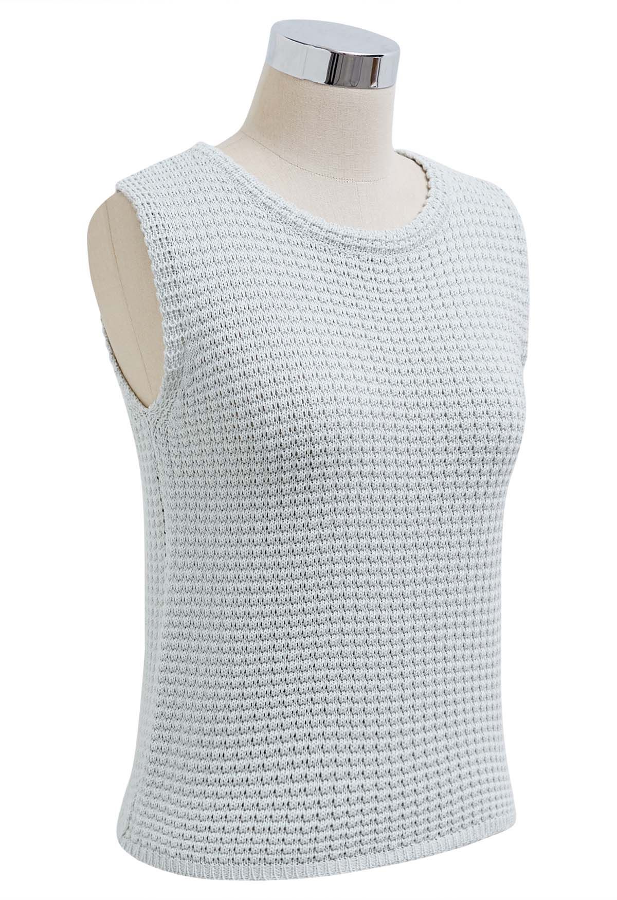 Solid Color Openwork Knit Sleeveless Top in Light Blue