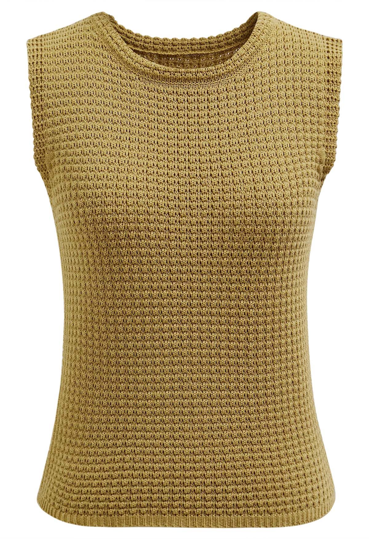 Solid Color Openwork Knit Sleeveless Top in Mustard