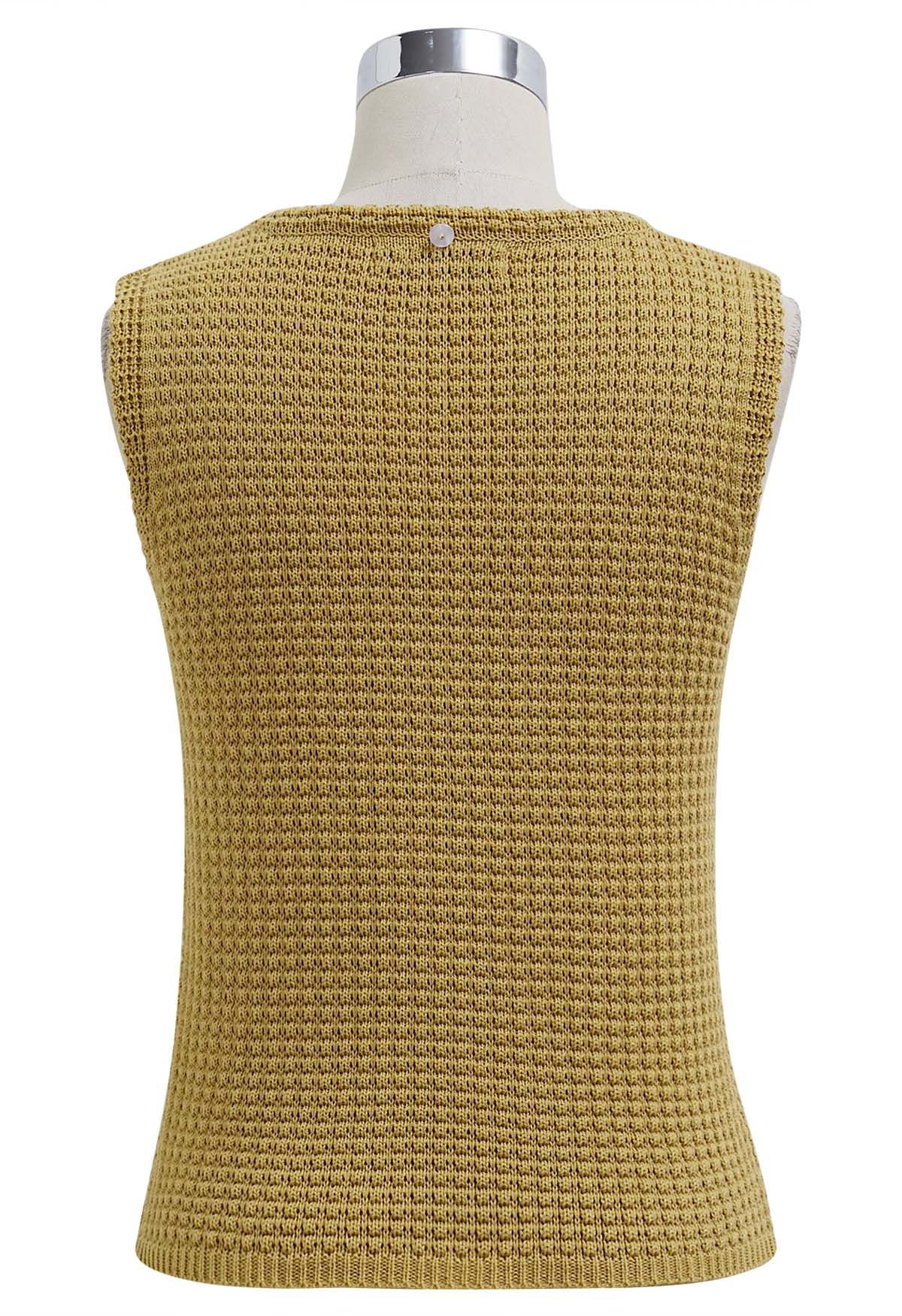 Solid Color Openwork Knit Sleeveless Top in Mustard