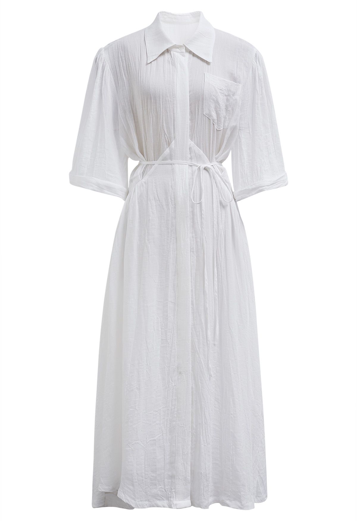 Elbow Sleeve Tie-Waist Buttoned Shirt Dress in White