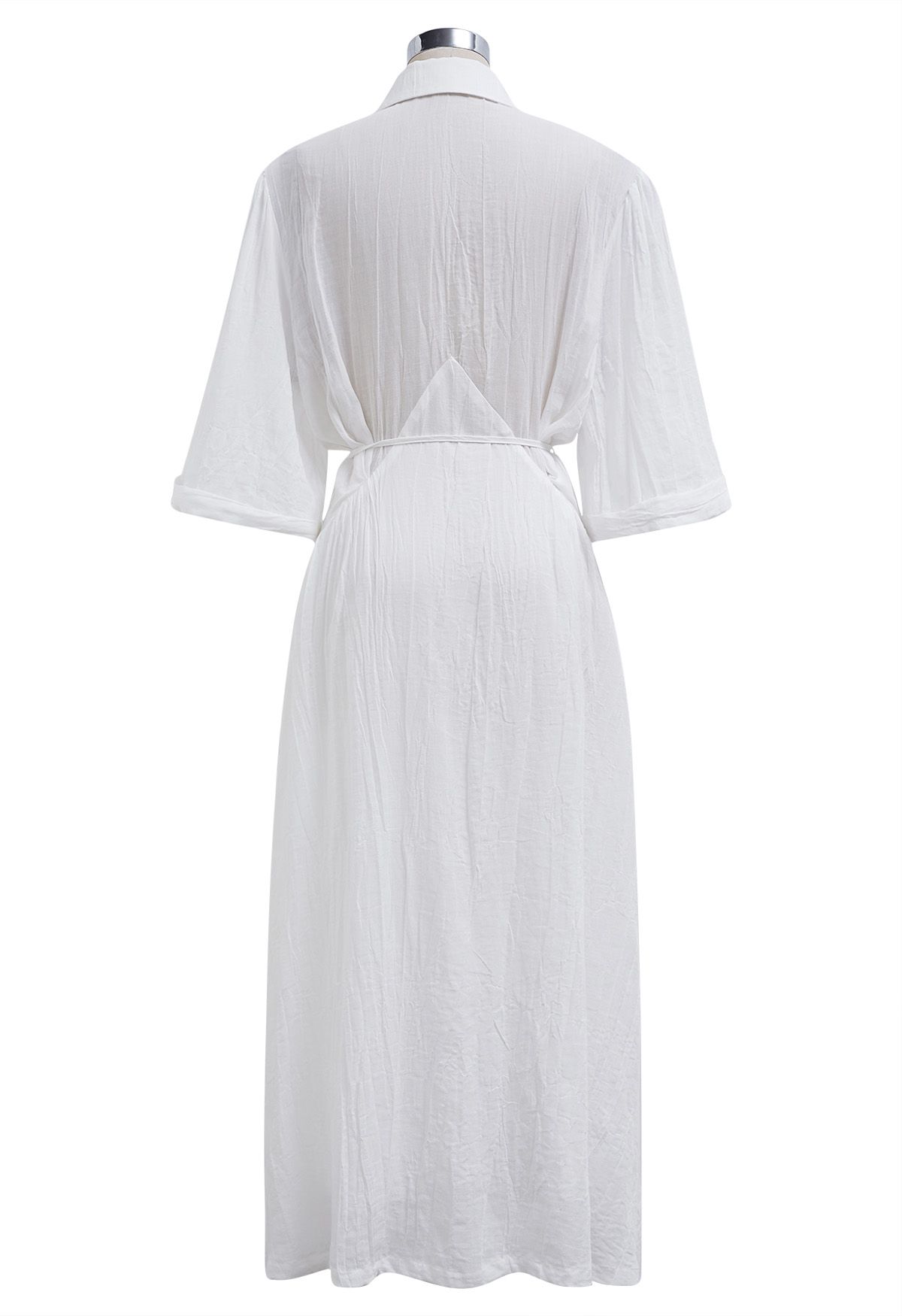 Elbow Sleeve Tie-Waist Buttoned Shirt Dress in White