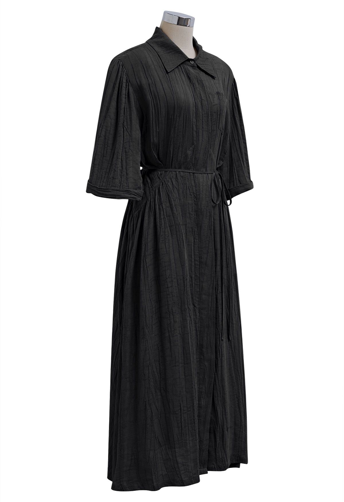 Elbow Sleeve Tie-Waist Buttoned Shirt Dress in Black