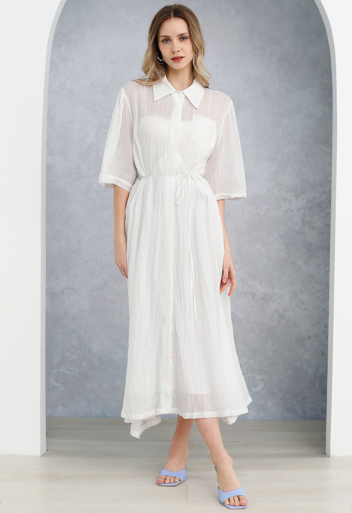 Elbow Sleeve Tie-Waist Buttoned Shirt Dress in White