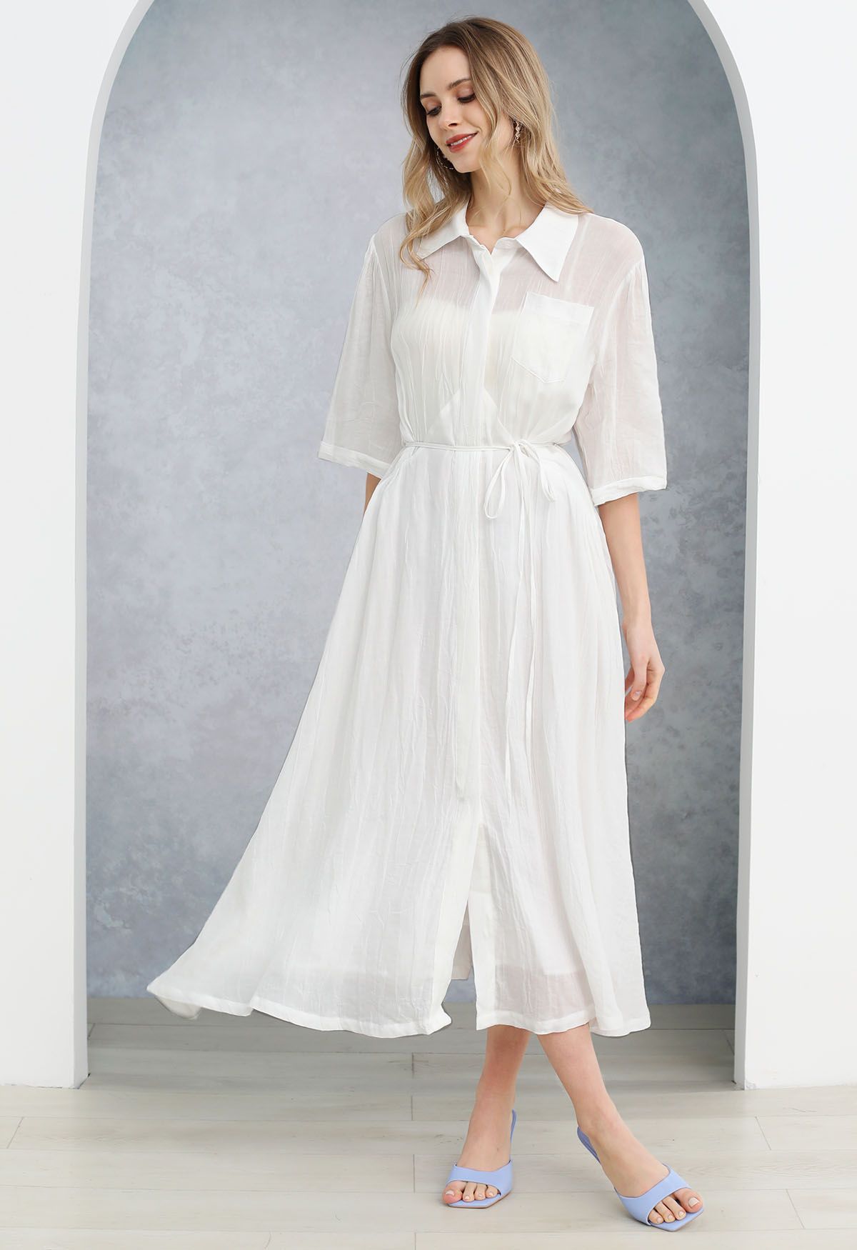 Elbow Sleeve Tie-Waist Buttoned Shirt Dress in White