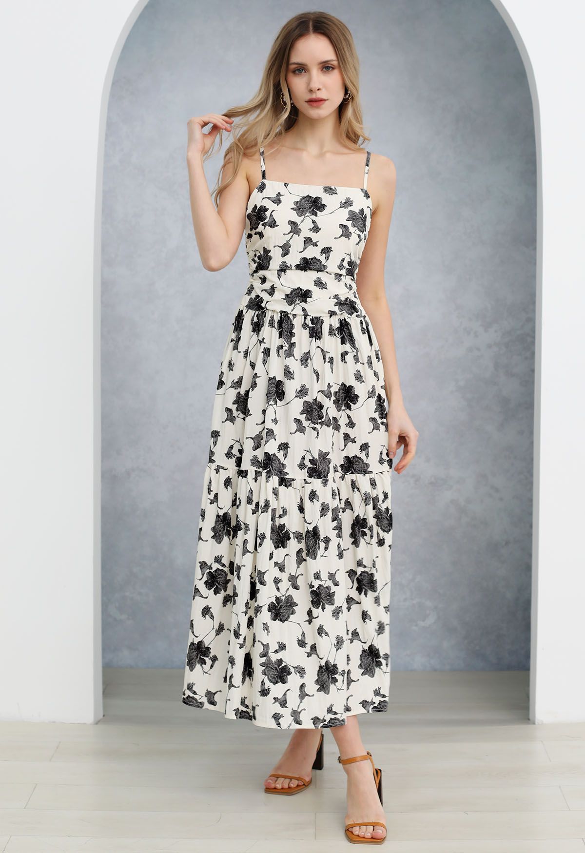 Floral Print Cami Maxi Dress in Black