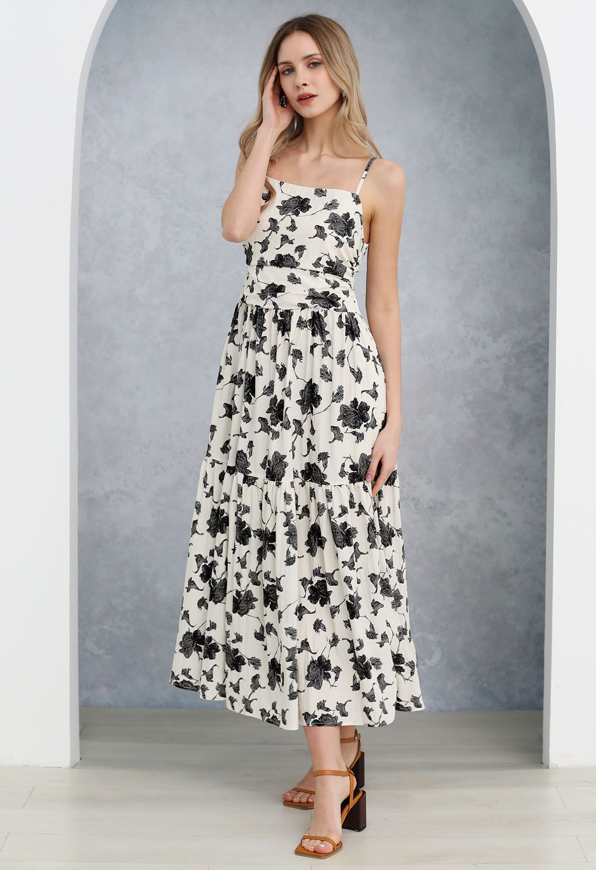 Floral Print Cami Maxi Dress in Black