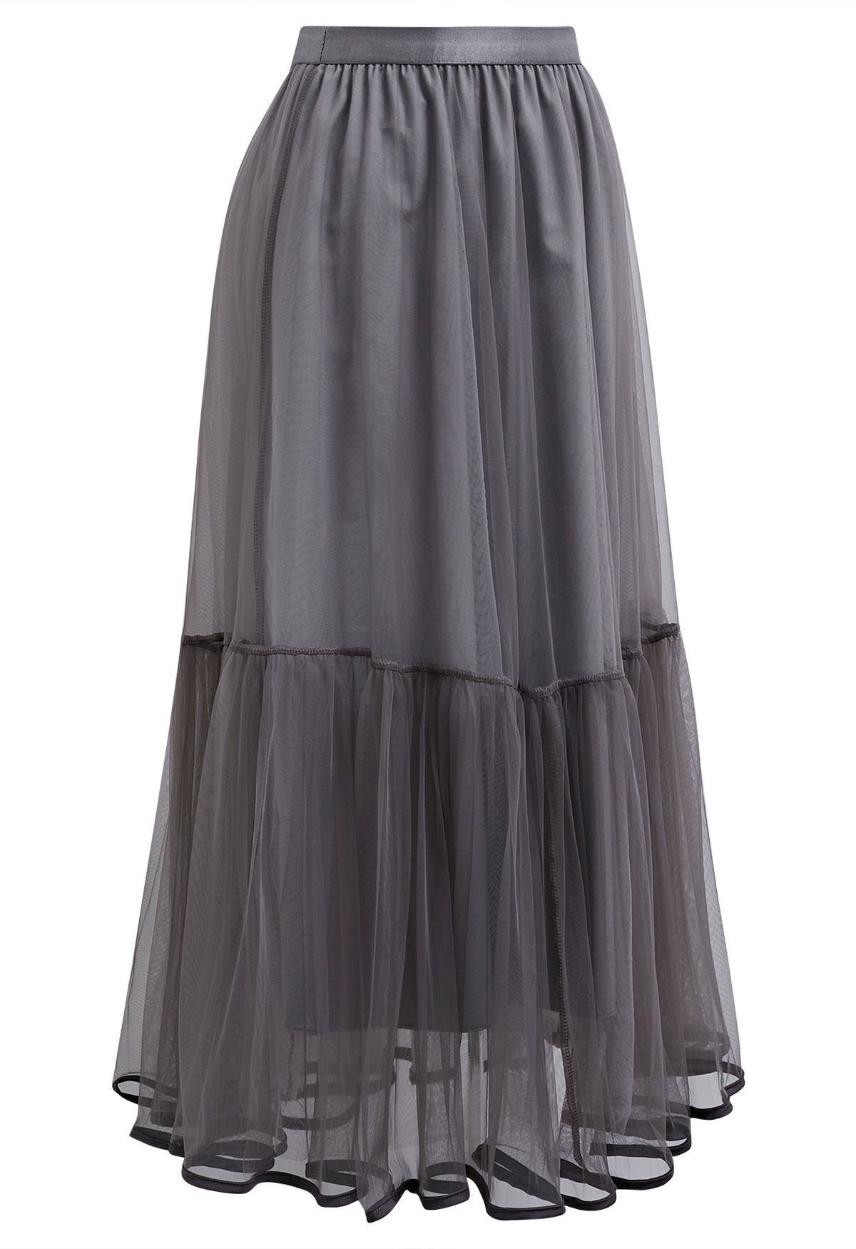 Piping Hem Mesh Tulle Midi Skirt in Grey