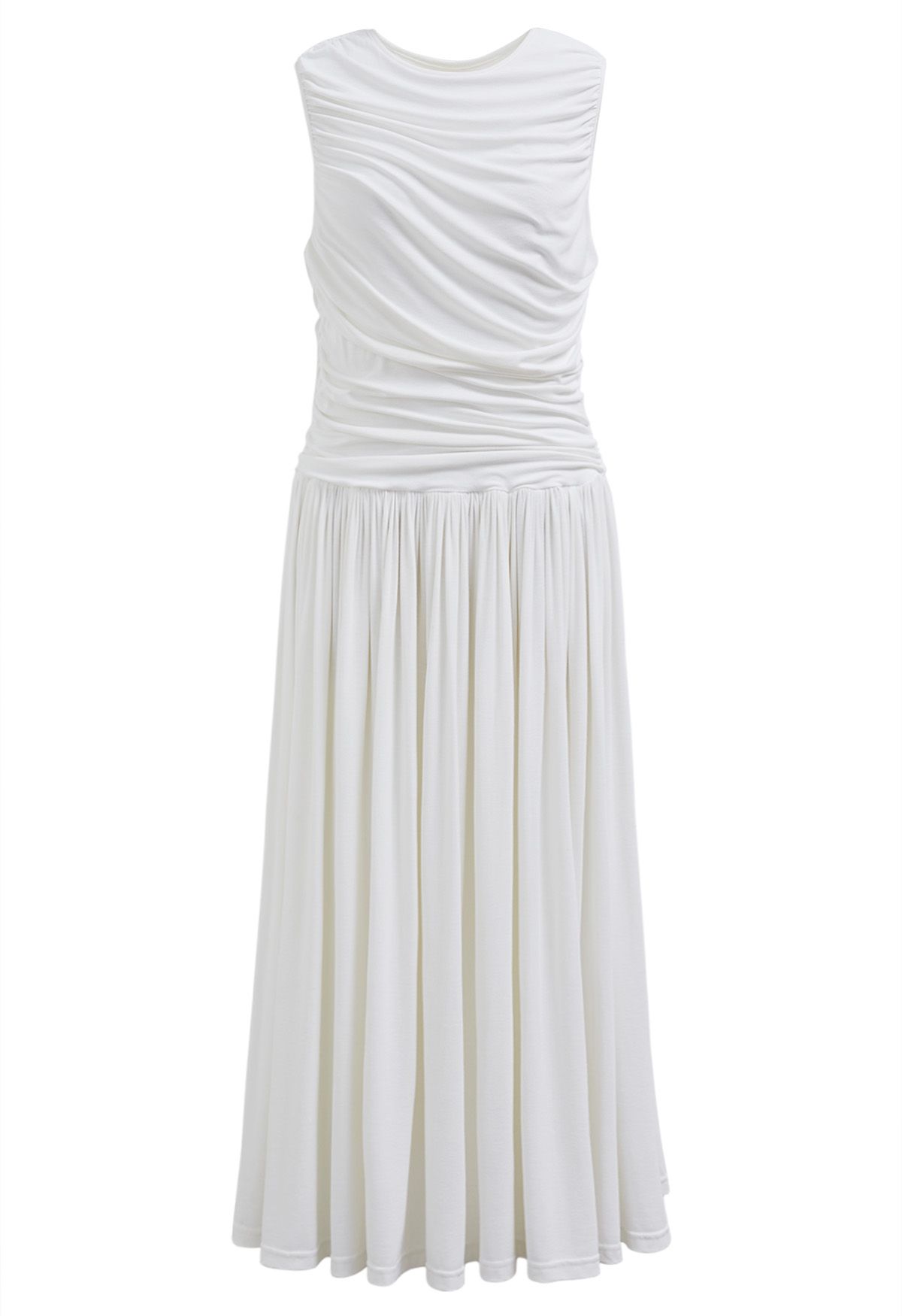 Effortless Ruched Sleeveless Cotton Dress in White